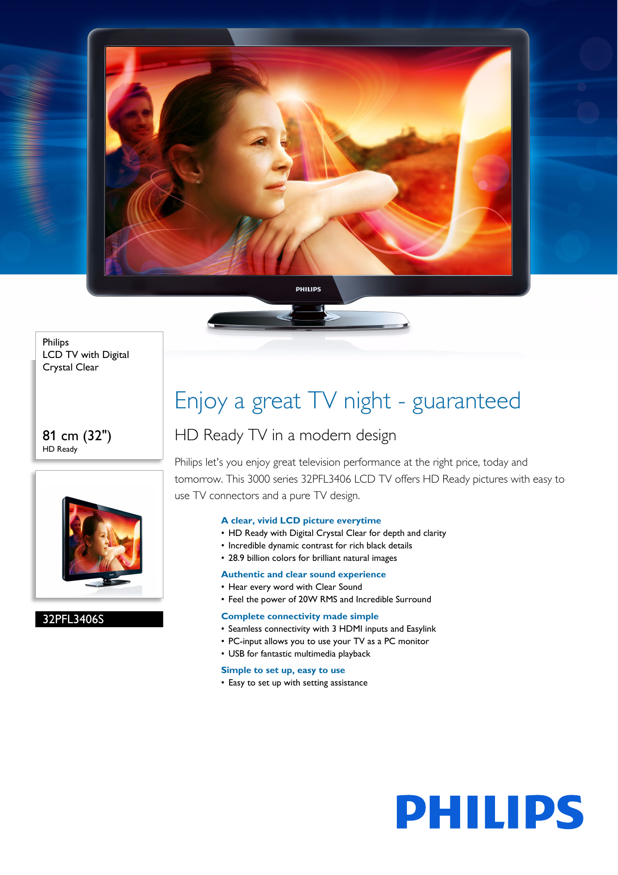 Page 1 of 3 - Philips 32PFL3406S/98 LCD TV With Digital Crystal Clear User Manual Leaflet 32pfl3406s 98 Pss