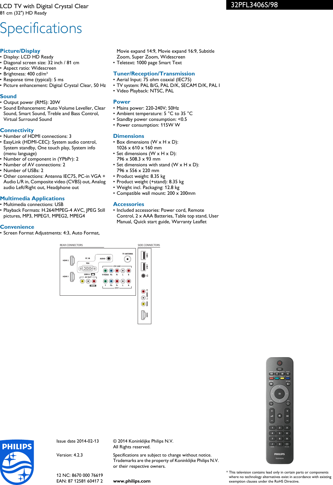 Page 3 of 3 - Philips 32PFL3406S/98 LCD TV With Digital Crystal Clear User Manual Leaflet 32pfl3406s 98 Pss