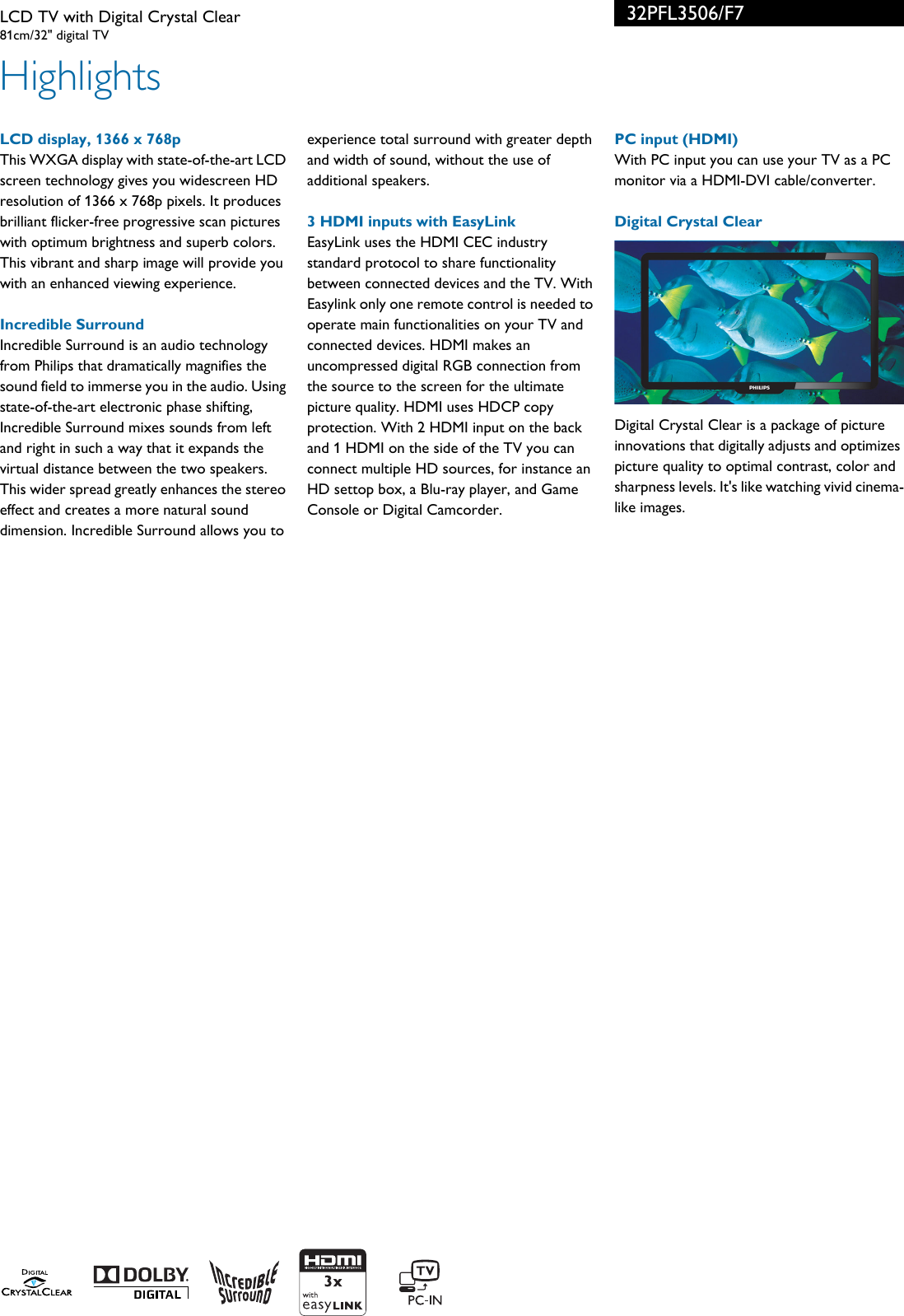 Page 2 of 3 - Philips 32PFL3506/F7 LCD TV With Digital Crystal Clear User Manual Leaflet 32pfl3506 F7 Pss Aenus