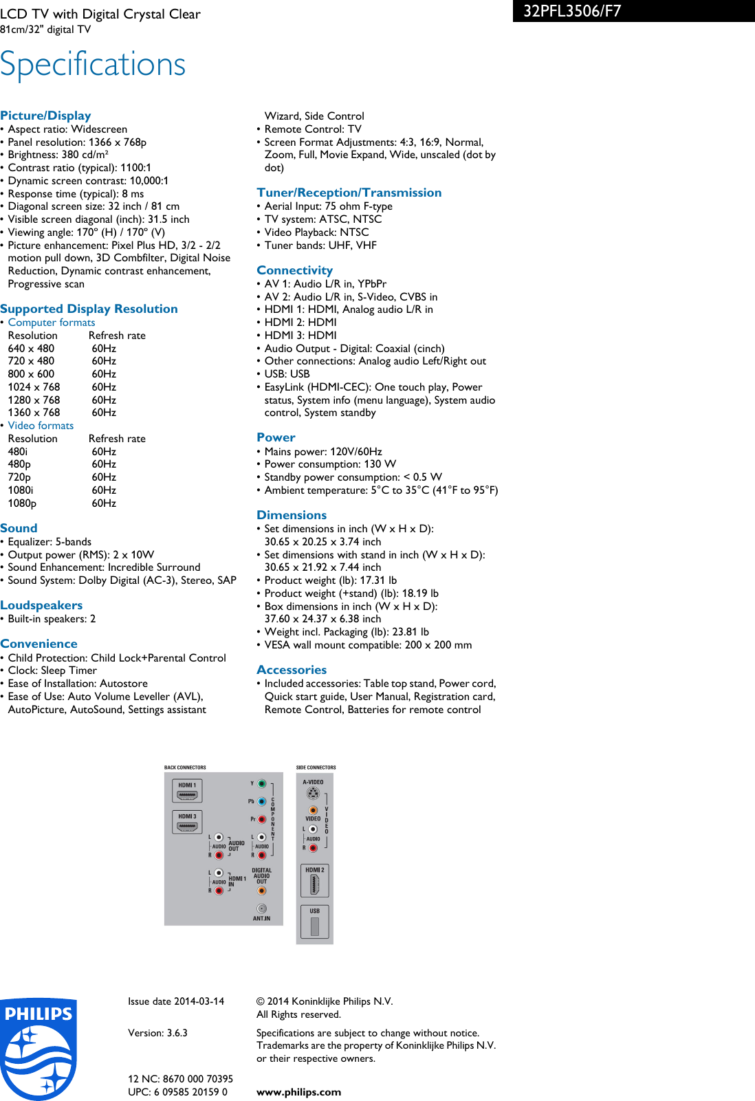Page 3 of 3 - Philips 32PFL3506/F7 LCD TV With Digital Crystal Clear User Manual Leaflet 32pfl3506 F7 Pss Aenus