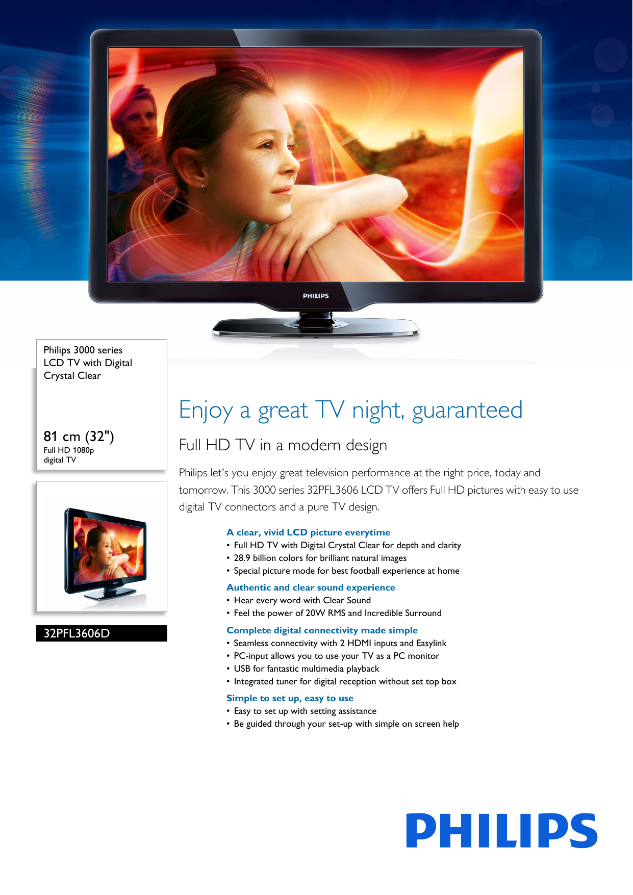 Page 1 of 3 - Philips 32PFL3606D/78 LCD TV With Digital Crystal Clear User Manual Folheto 32pfl3606d 78 Pss