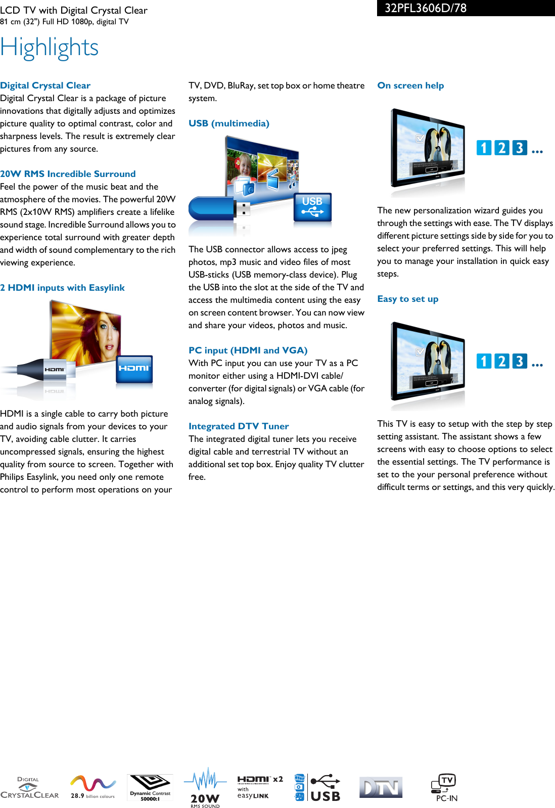 Page 2 of 3 - Philips 32PFL3606D/78 LCD TV With Digital Crystal Clear User Manual Folheto 32pfl3606d 78 Pss