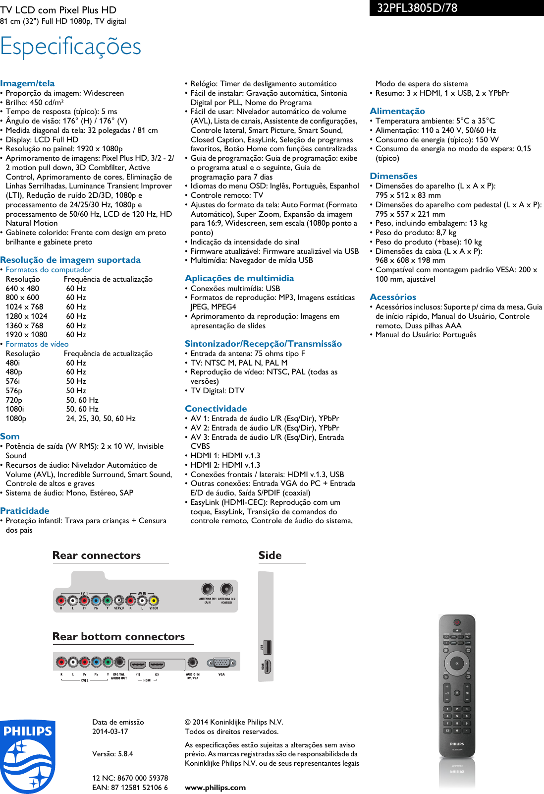 Page 3 of 3 - Philips 32PFL3805D/78 TV LCD Com Pixel Plus HD User Manual Folheto 32pfl3805d 78 Pss Brpbr