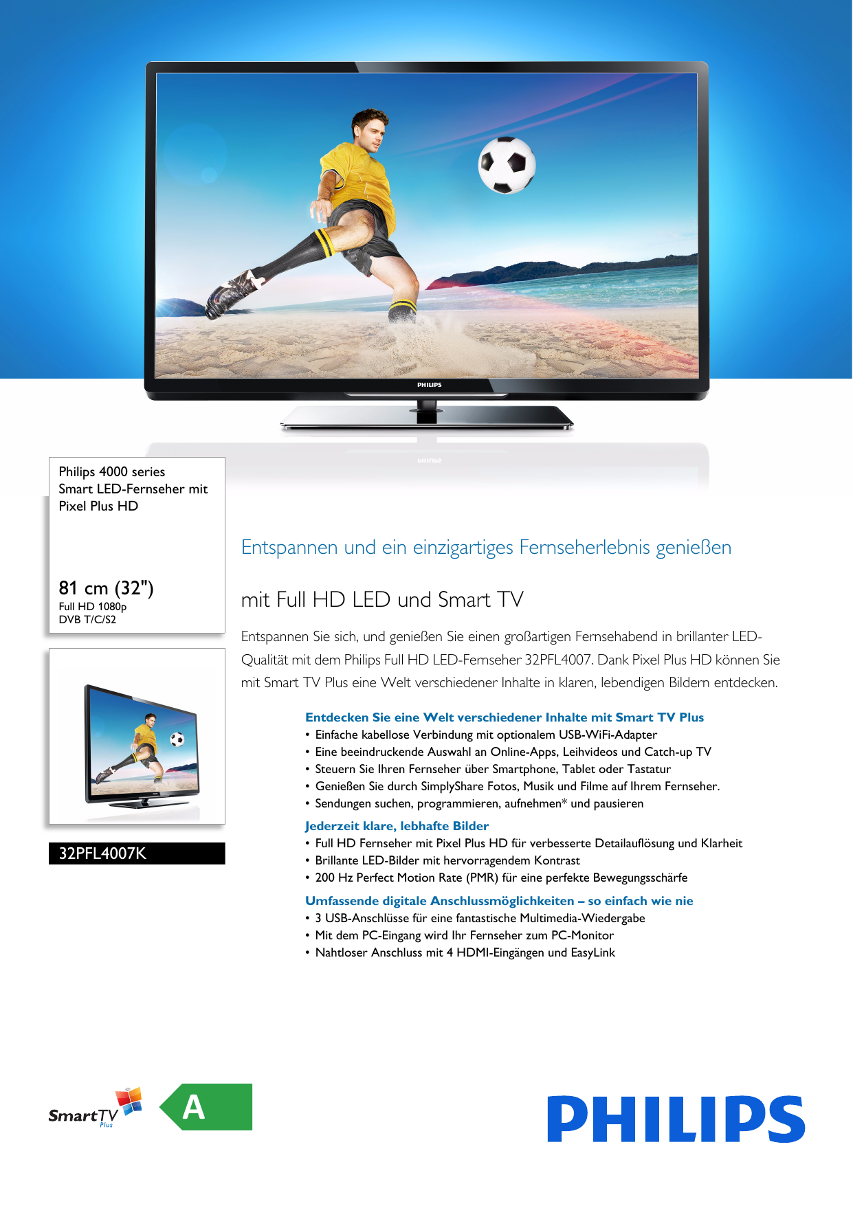 Page 1 of 3 - Philips 32PFL4007K/12 Leaflet 32PFL4007K_12 Released Germany (German)  User Manual Datenblatt 32pfl4007k 12 Pss Deude