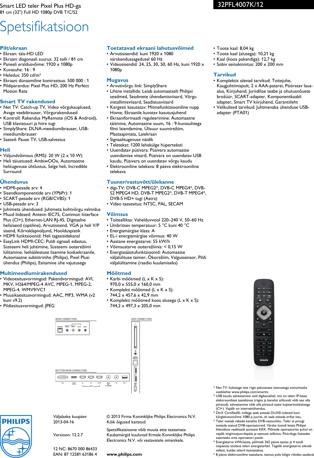 Page 3 of 3 - Philips 32PFL4007K/12 Smart LED Teler Pixel Plus HD-ga User Manual Voldik 32pfl4007k 12 Pss Estee