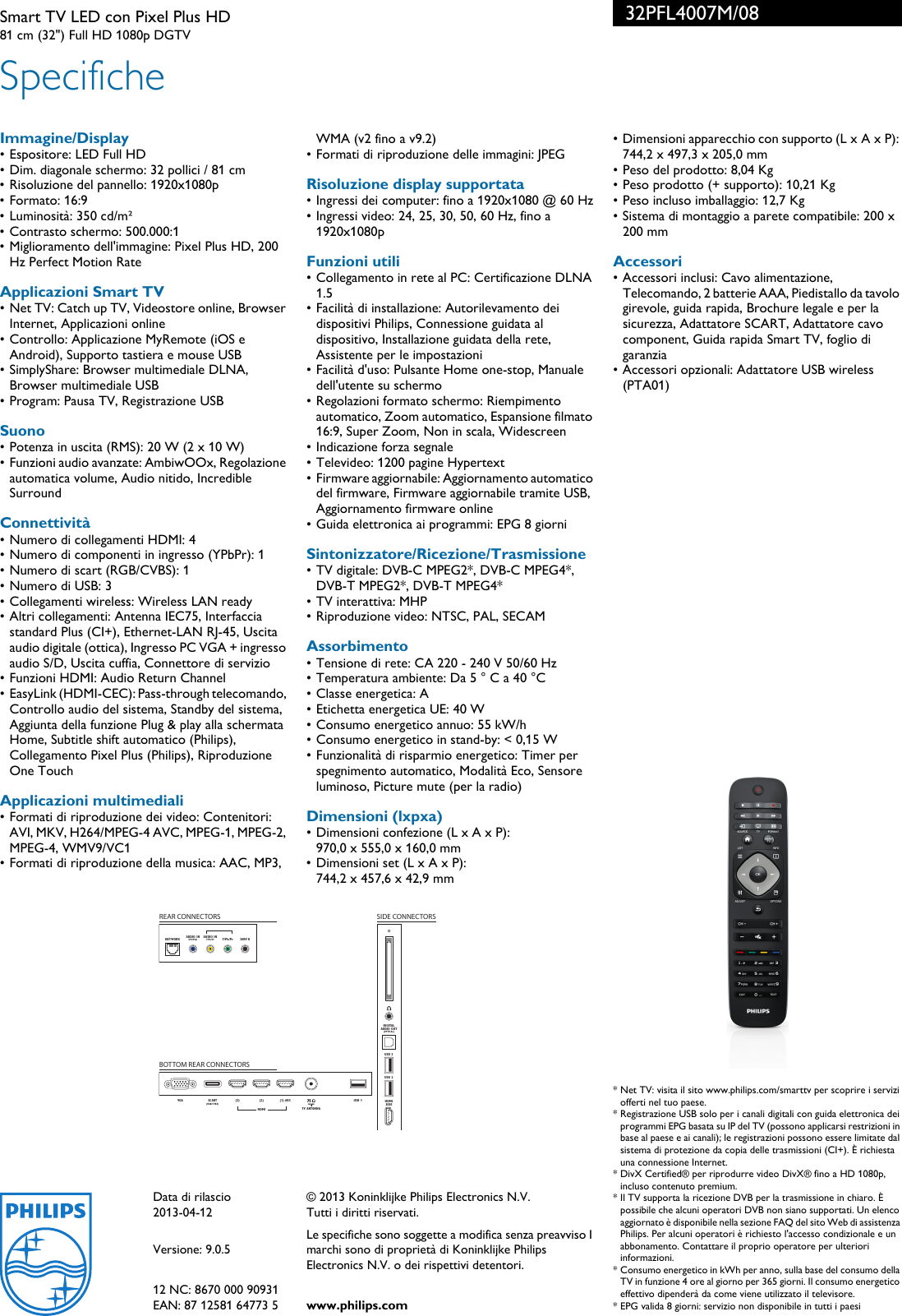 Page 3 of 3 - Philips 32PFL4007M/08 Smart TV LED Con Pixel Plus HD User Manual Scheda Tecnica 32pfl4007m 08 Pss Itait