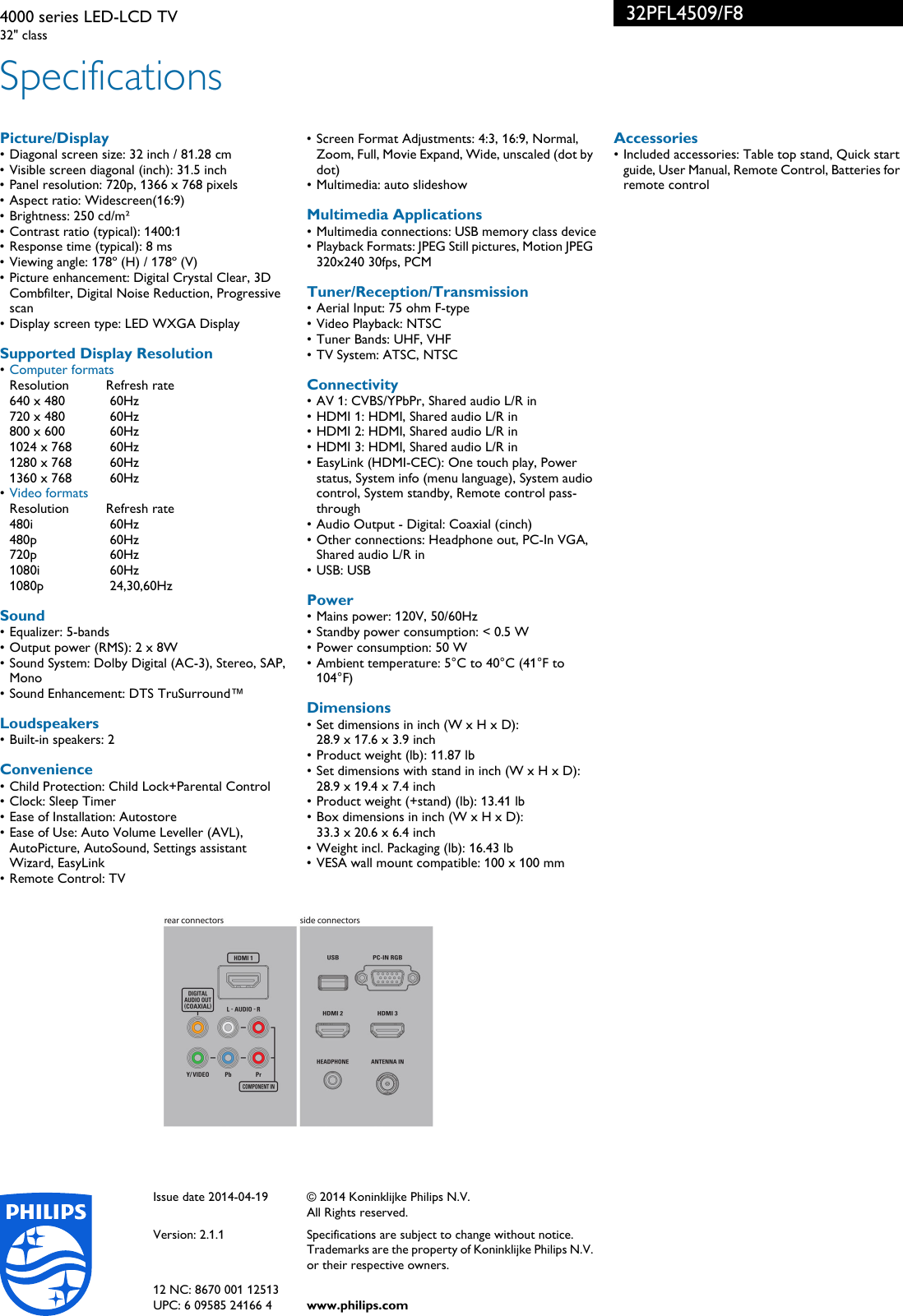 Page 3 of 3 - Philips 32PFL4509/F8 4000 Series LED-LCD TV User Manual Folleto 32pfl4509 F8 Pss