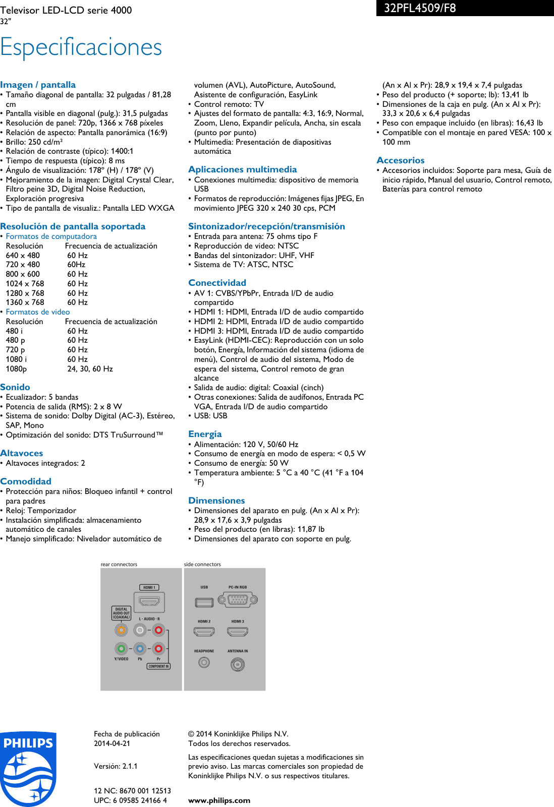 Philips 32PFL4509/F8 Televisor LED LCD Serie 4000 User Manual Folleto 32pfl4509  F8 Pss Lspmx