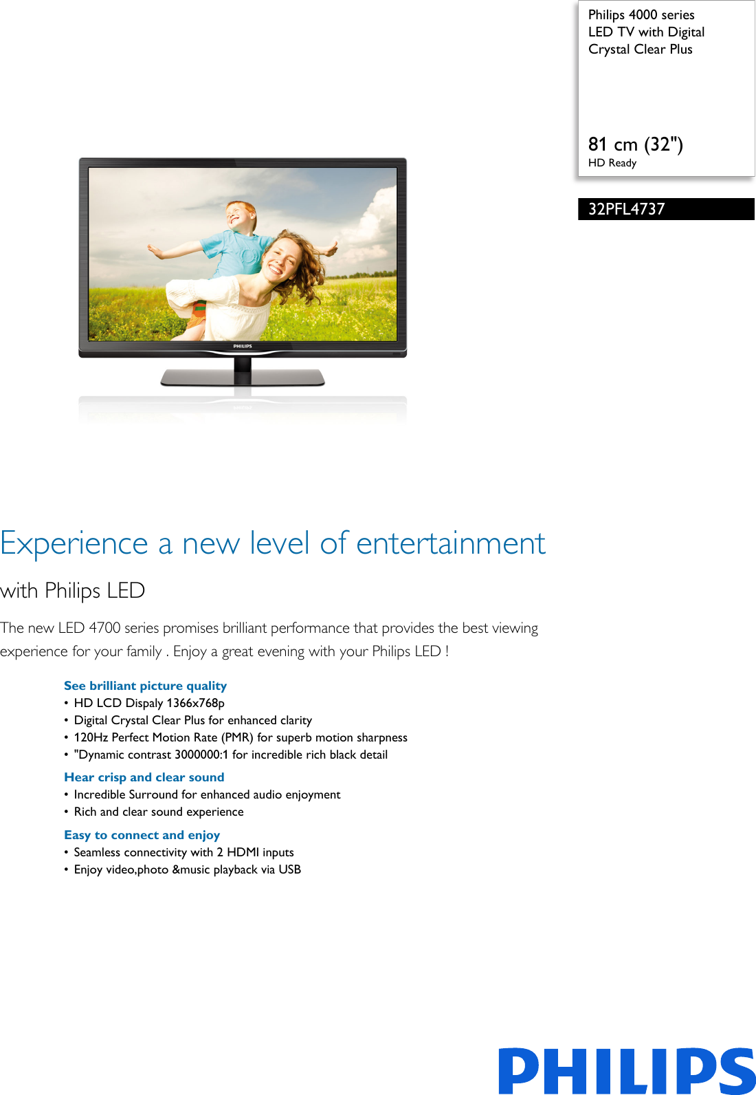 Page 1 of 3 - Philips 32PFL4737/V7 LED TV With Digital Crystal Clear Plus User Manual Leaflet 32pfl4737 V7 Pss Aenin
