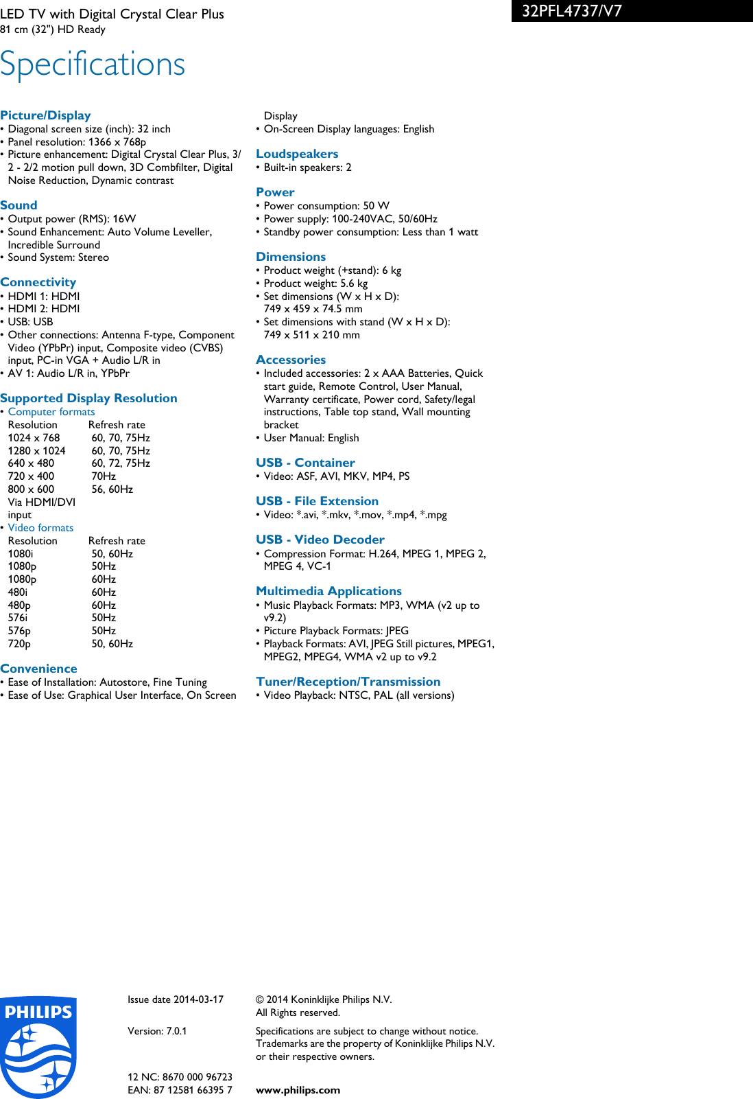 Page 3 of 3 - Philips 32PFL4737/V7 LED TV With Digital Crystal Clear Plus User Manual Leaflet 32pfl4737 V7 Pss Aenin