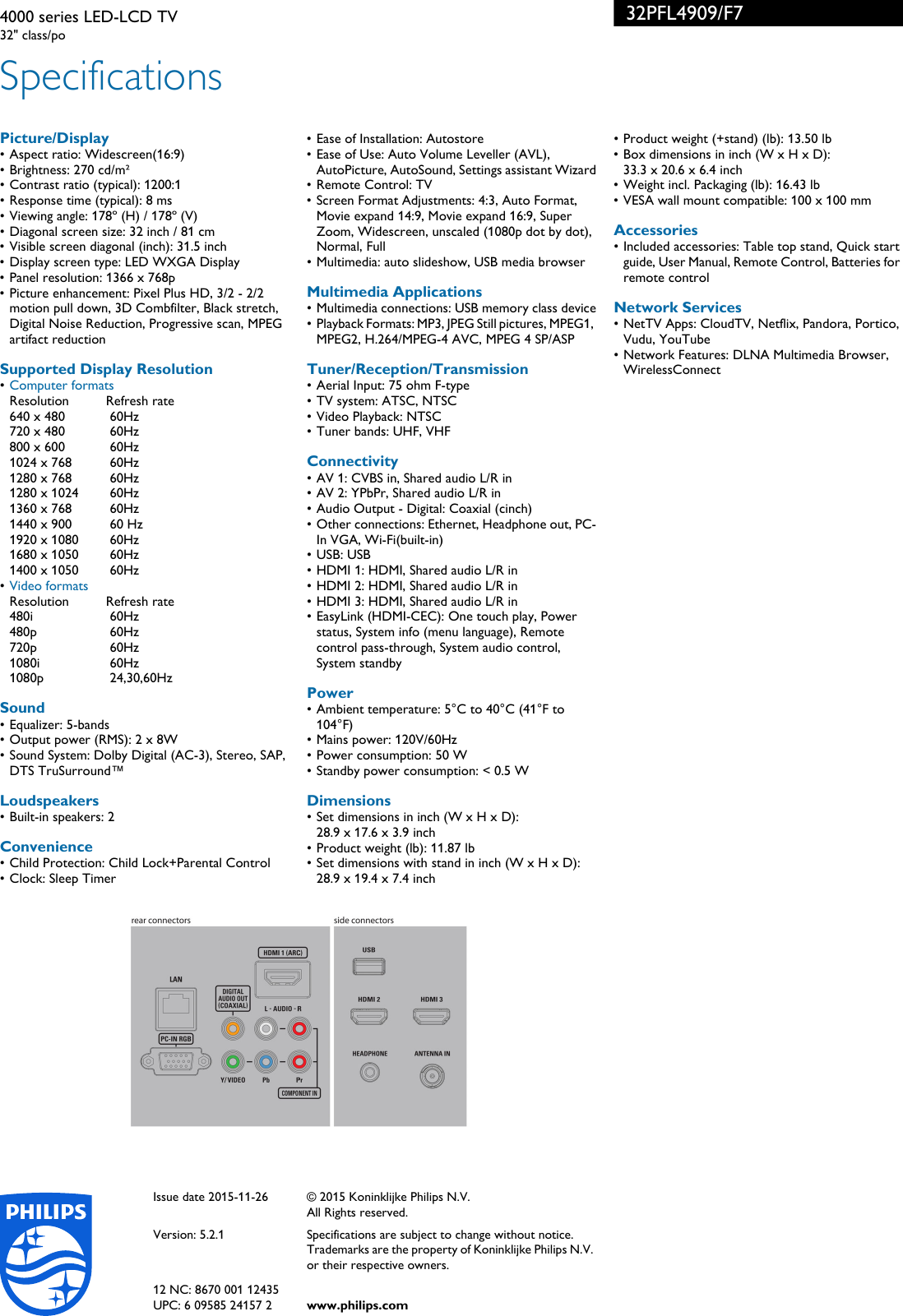 Page 3 of 3 - Philips 32PFL4909/F7 4000 Series LED-LCD TV User Manual Leaflet 32pfl4909 F7 Pss Aenca