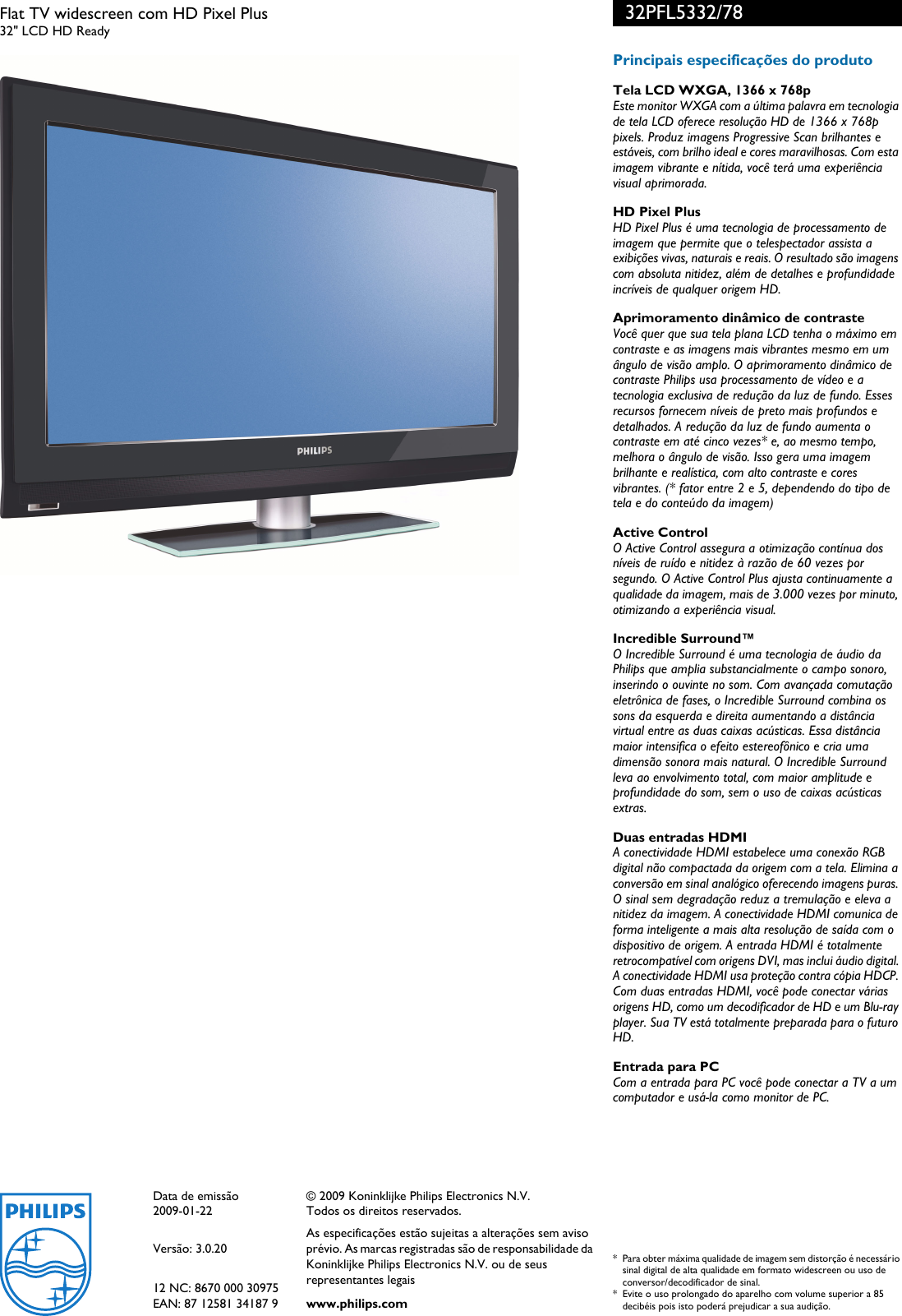Page 3 of 3 - Philips 32PFL5332/78 Flat TV Widescreen Com HD Pixel Plus User Manual Folheto 32pfl5332 78 Pss Brpbr