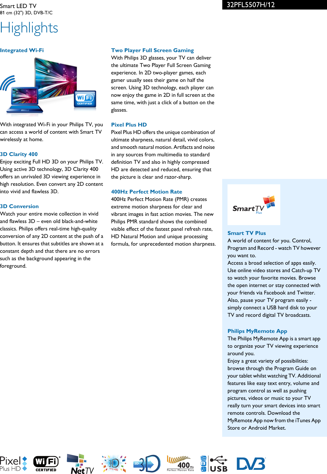 Page 2 of 3 - Philips 32PFL5507H/12 Smart LED TV With Pixel Plus HD User Manual Broşür 32pfl5507h 12 Pss