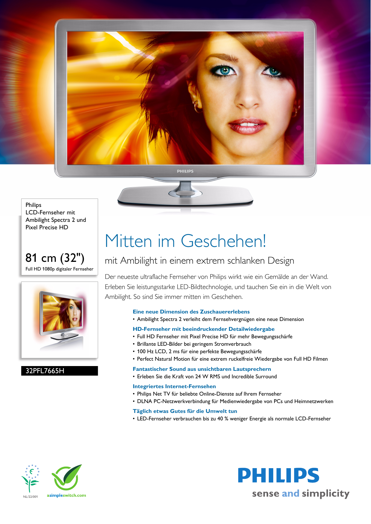 Page 1 of 3 - Philips 32PFL7665H/12 Leaflet 32PFL7665H_12 Released Germany (German)  User Manual Datenblatt 32pfl7665h 12 Pss Deuat