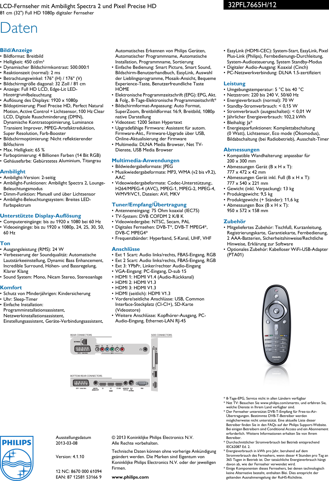 Page 3 of 3 - Philips 32PFL7665H/12 Leaflet 32PFL7665H_12 Released Germany (German)  User Manual Datenblatt 32pfl7665h 12 Pss Deuat