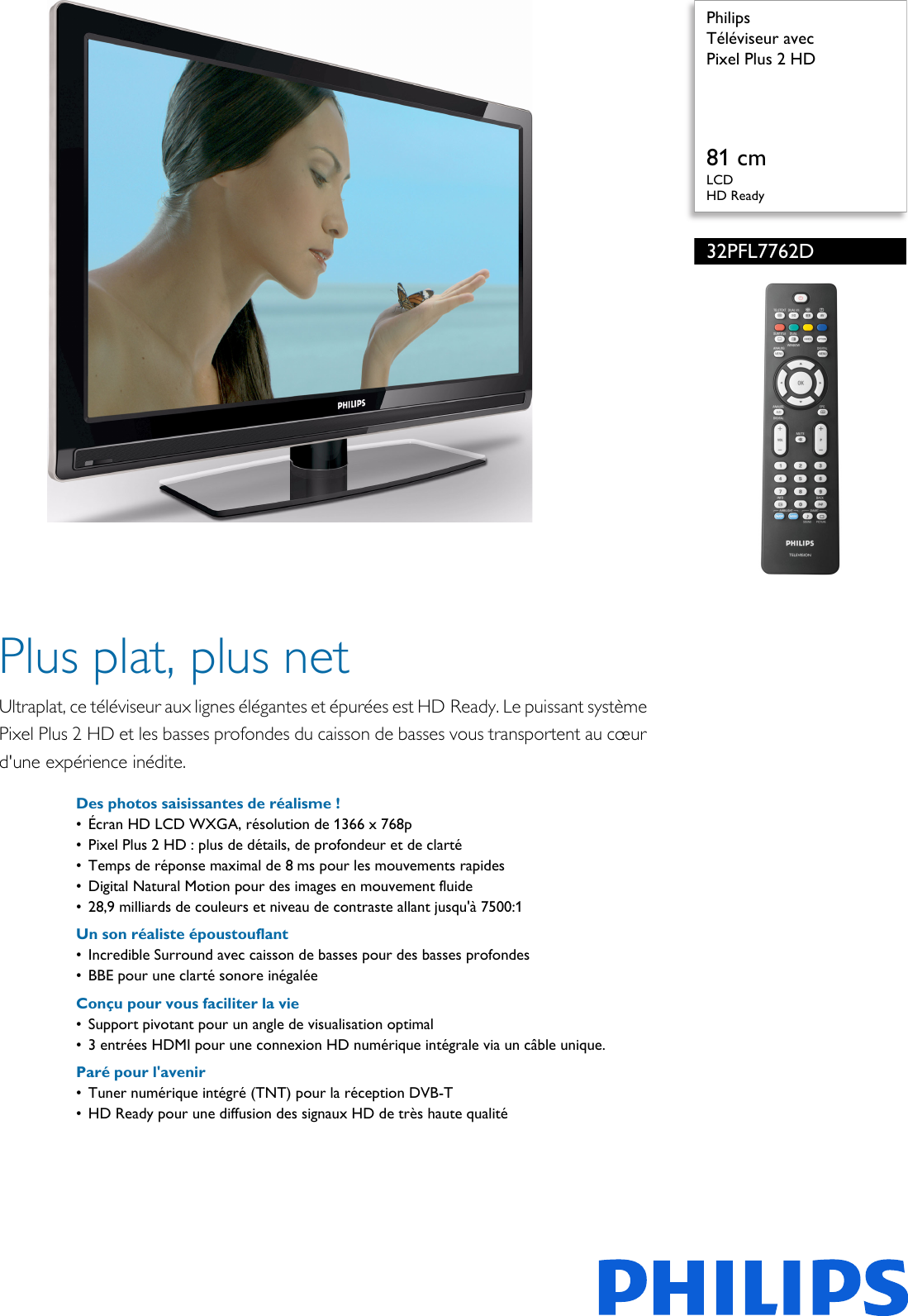 Page 1 of 3 - Philips 32PFL7762D/12 Leaflet 32PFL7762D_12 Released France (French)  User Manual Fiche Produit 32pfl7762d 12 Pss Frafr