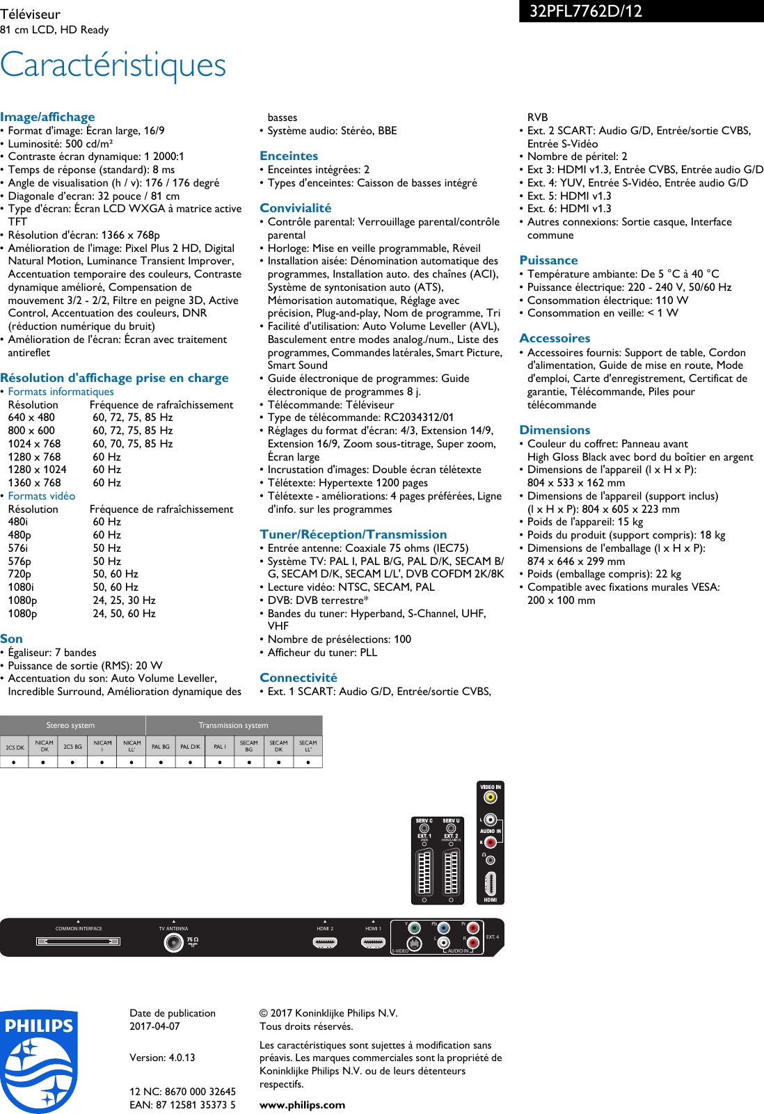 Page 3 of 3 - Philips 32PFL7762D/12 Leaflet 32PFL7762D_12 Released France (French)  User Manual Fiche Produit 32pfl7762d 12 Pss Frafr