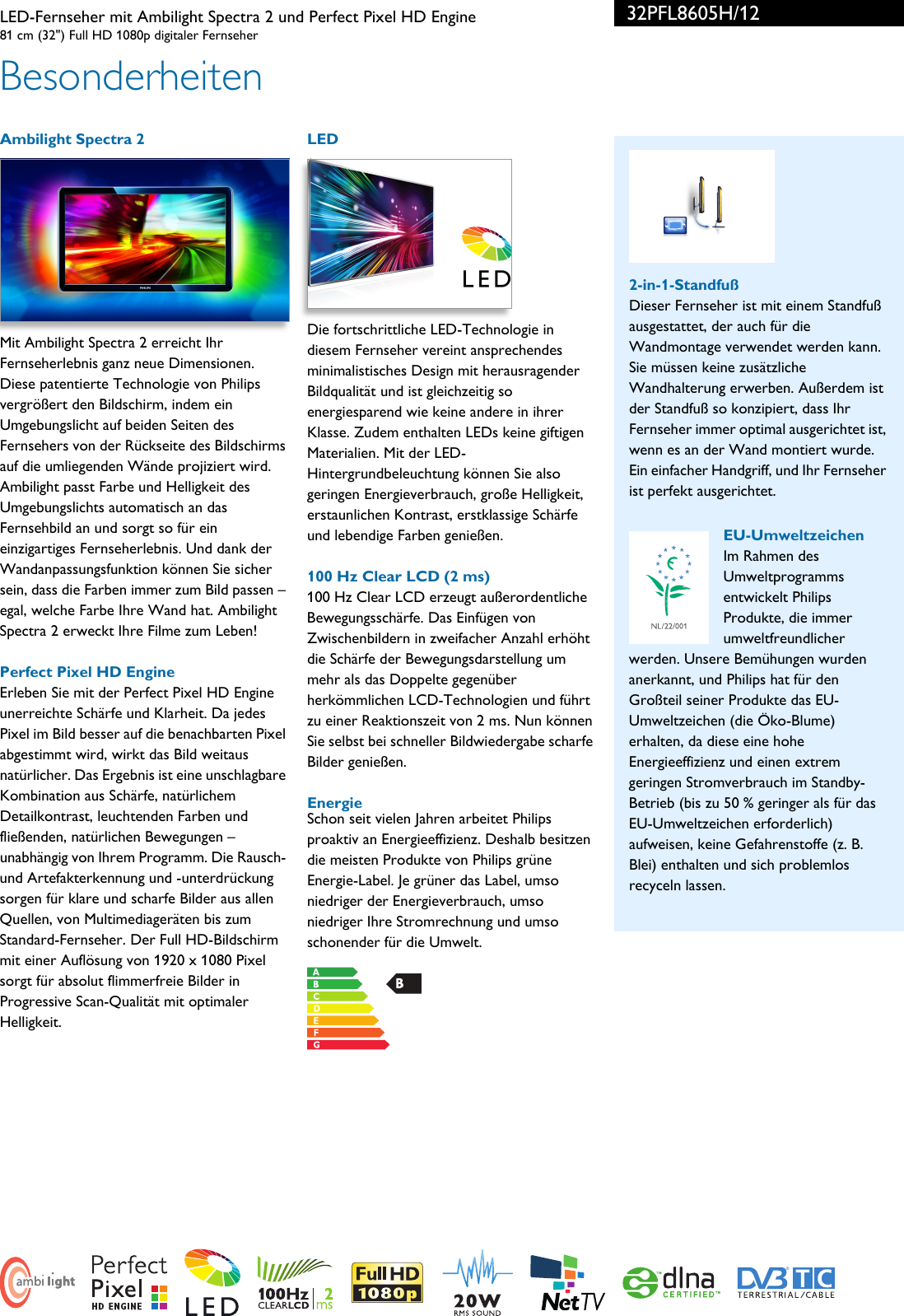 Philips 32pfl8605h 12 Leaflet 32pfl8605h 12 Released Germany German User Manual Datenblatt 32pfl8605h 12 Pss Deuch