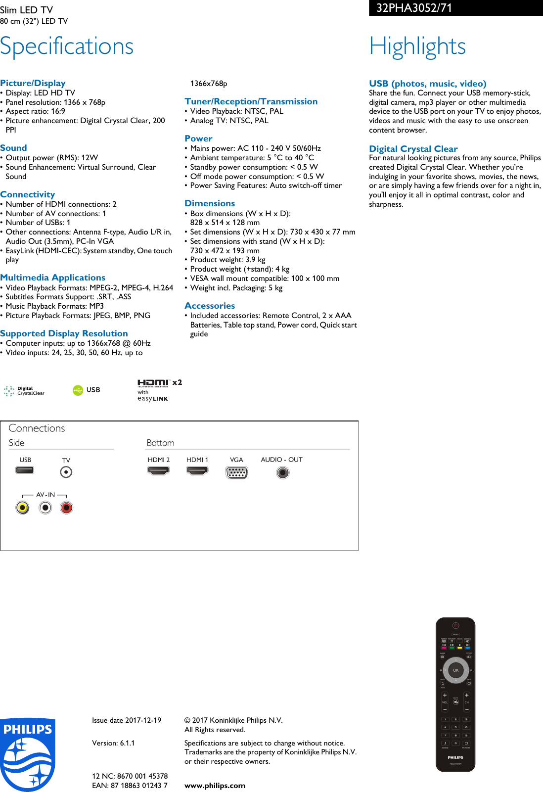 Page 2 of 2 - Philips 32PHA3052/71 Slim LED TV With Digital Crystal Clear User Manual Leaflet 32pha3052 71 Pss Engph