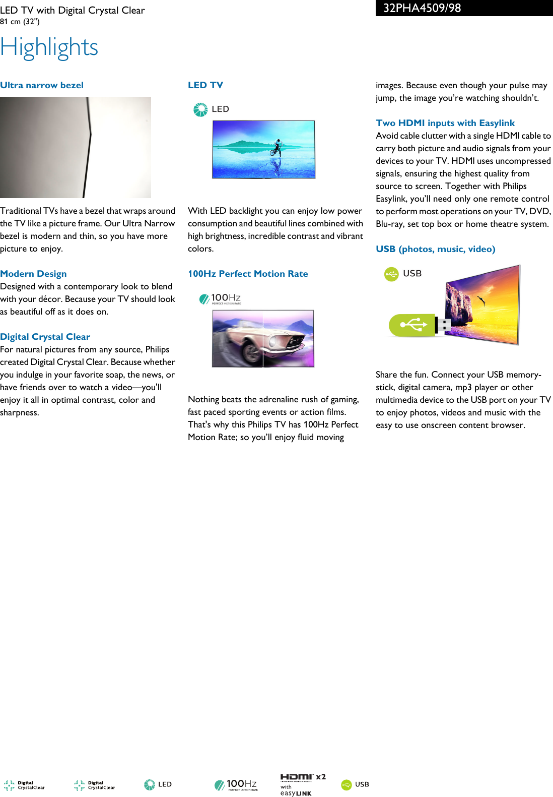 Page 2 of 3 - Philips 32PHA4509/98 LED TV With Digital Crystal Clear User Manual Leaflet 32pha4509 98 Pss Aenhk