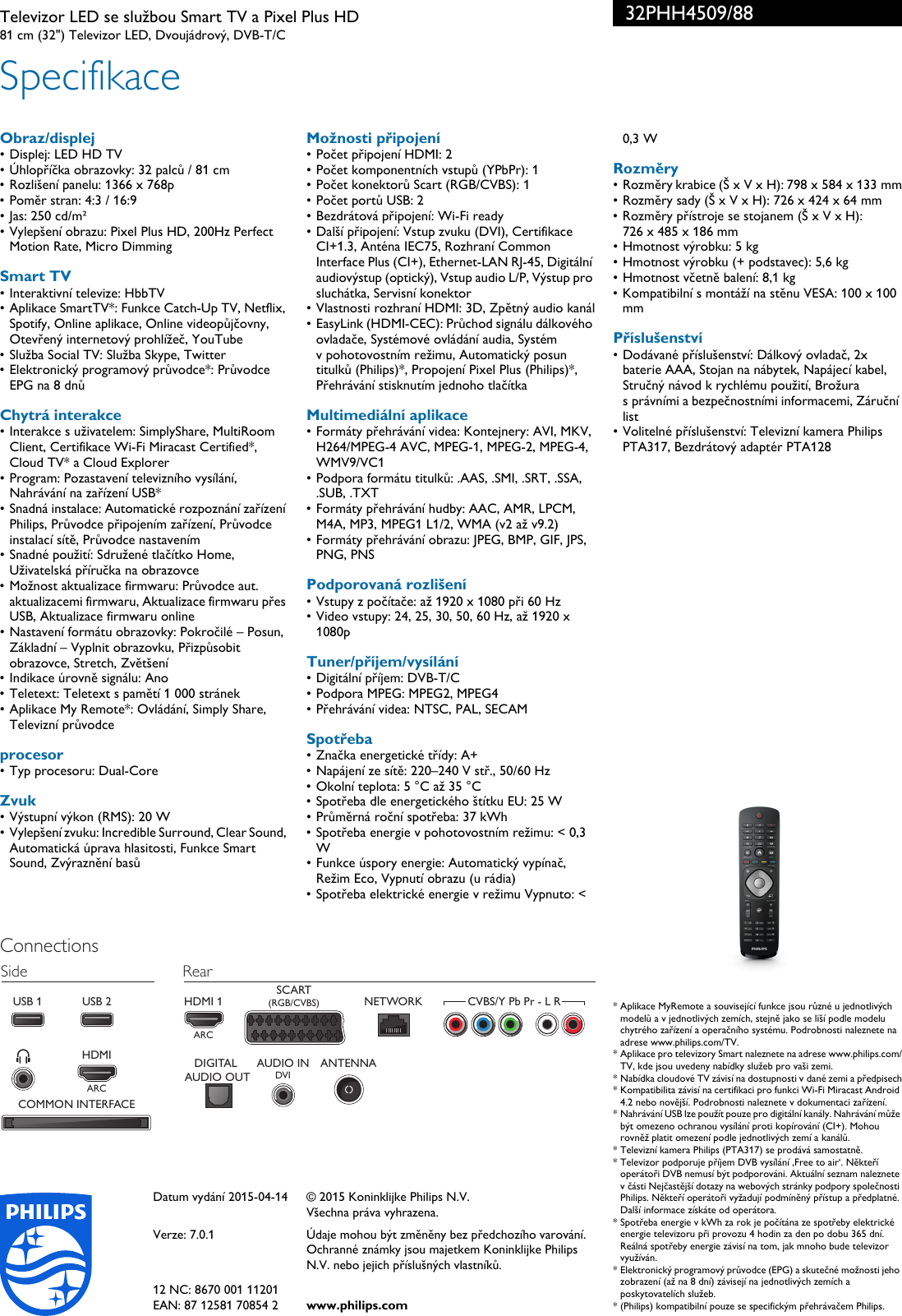 Page 3 of 3 - Philips 32PHH4509/88 Leaflet 32PHH4509_88 Released Czech Republic (Czech)  User Manual Specifikační List Výrobku 32phh4509 88 Pss Cescz