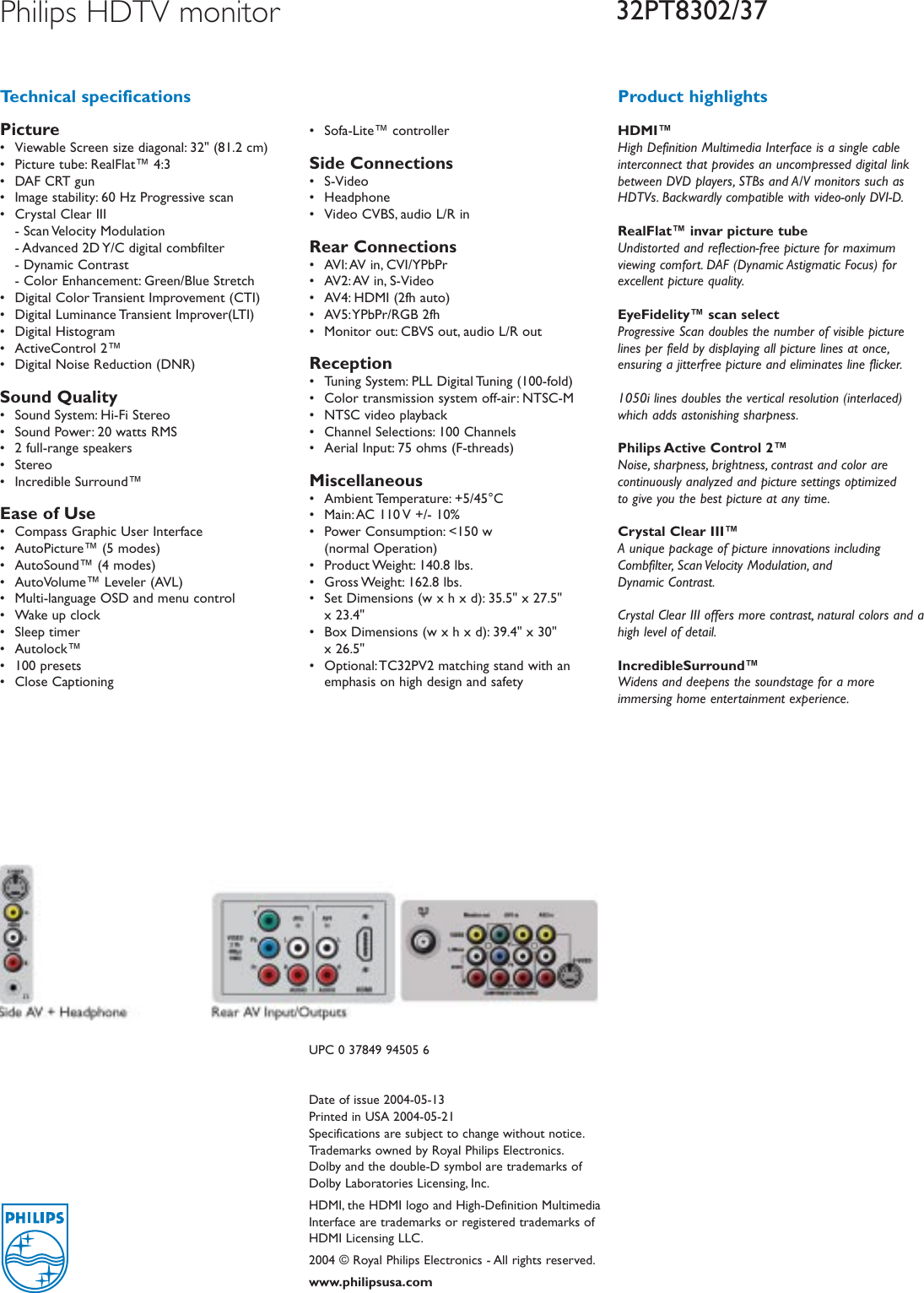 Page 2 of 2 - Philips 32PT8302/37 32PT8302/37_3001 User Manual Leaflet 32pt8302 37 Pss Aenus