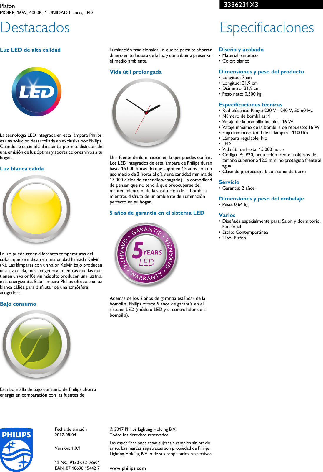 Page 2 of 2 - Philips 33362/31/X3 3336231X3 Plafón User Manual Folleto Pss Espes