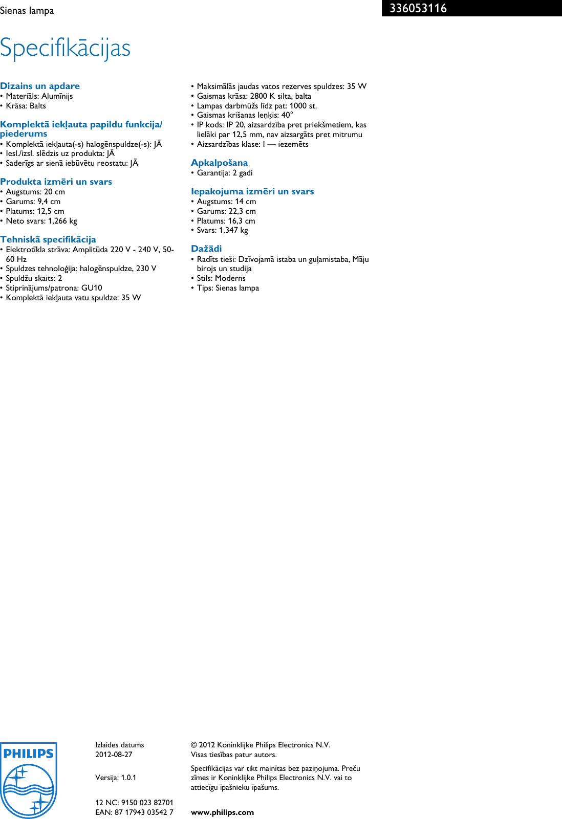 Page 3 of 3 - Philips 33605/31/16 336053116 Sienas Lampa User Manual Brošūra Pss Lavlv