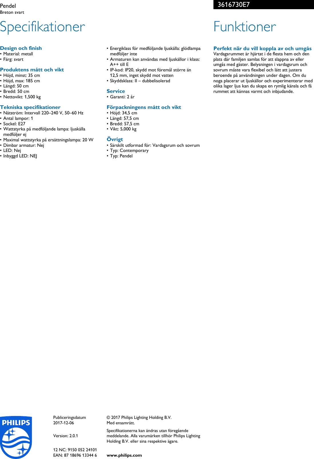 Philips 36167/30/E7 3616730E7 Pendel User Manual Broschyr Pss Swese