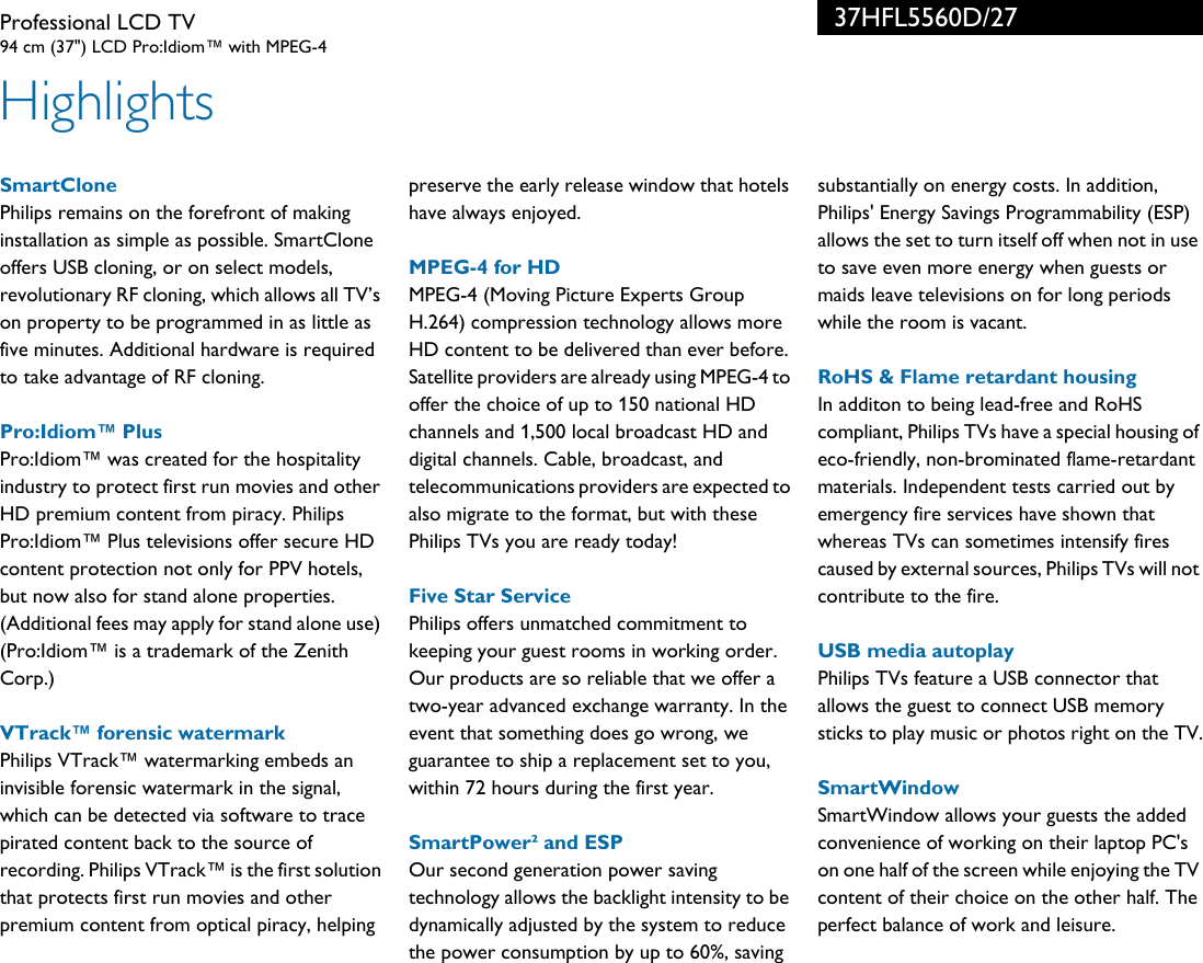 Page 2 of 3 - Philips 37HFL5560D/27 Professional LCD TV User Manual Leaflet 37hfl5560d 27 Pss Aenus