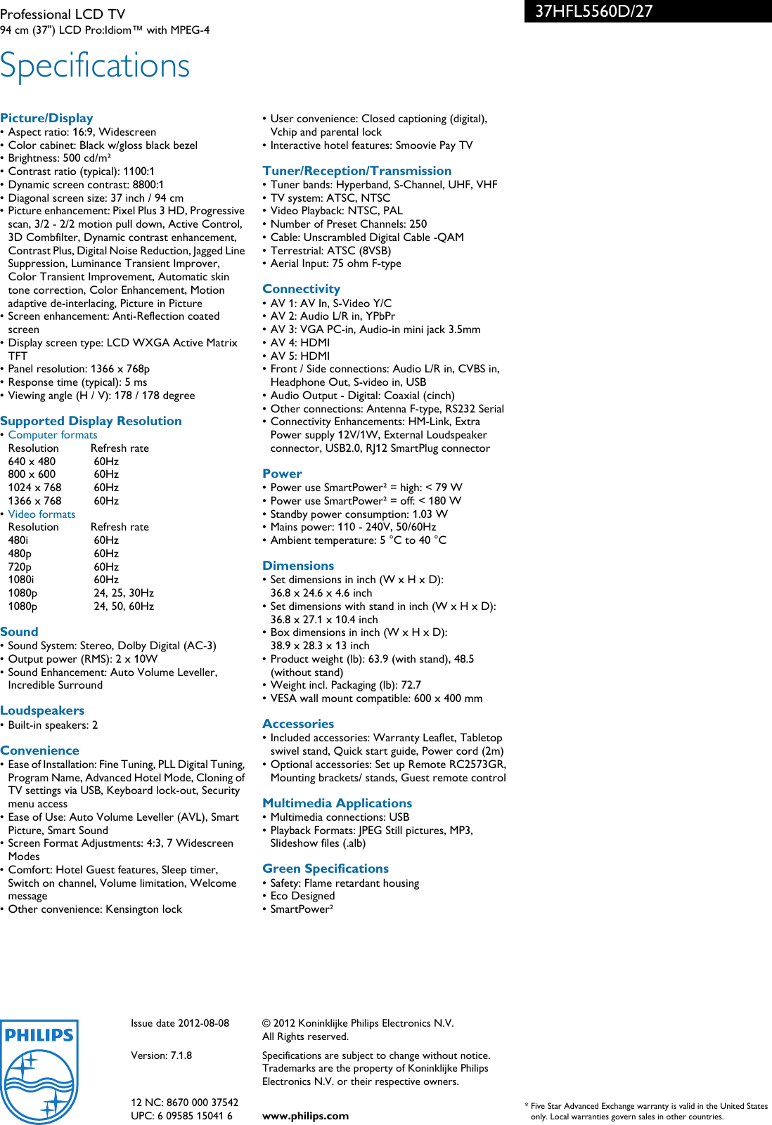 Page 3 of 3 - Philips 37HFL5560D/27 Professional LCD TV User Manual Leaflet 37hfl5560d 27 Pss Aenus