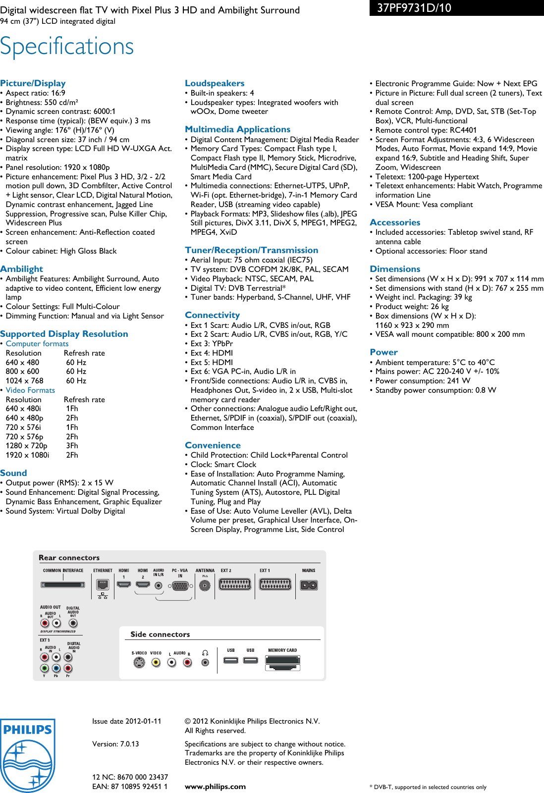 Page 3 of 3 - Philips 37PF9731D/10 Leaflet 37PF9731D_10 Released United Kingdom (English) User Manual 37pf9731d 10 Pss Enggb