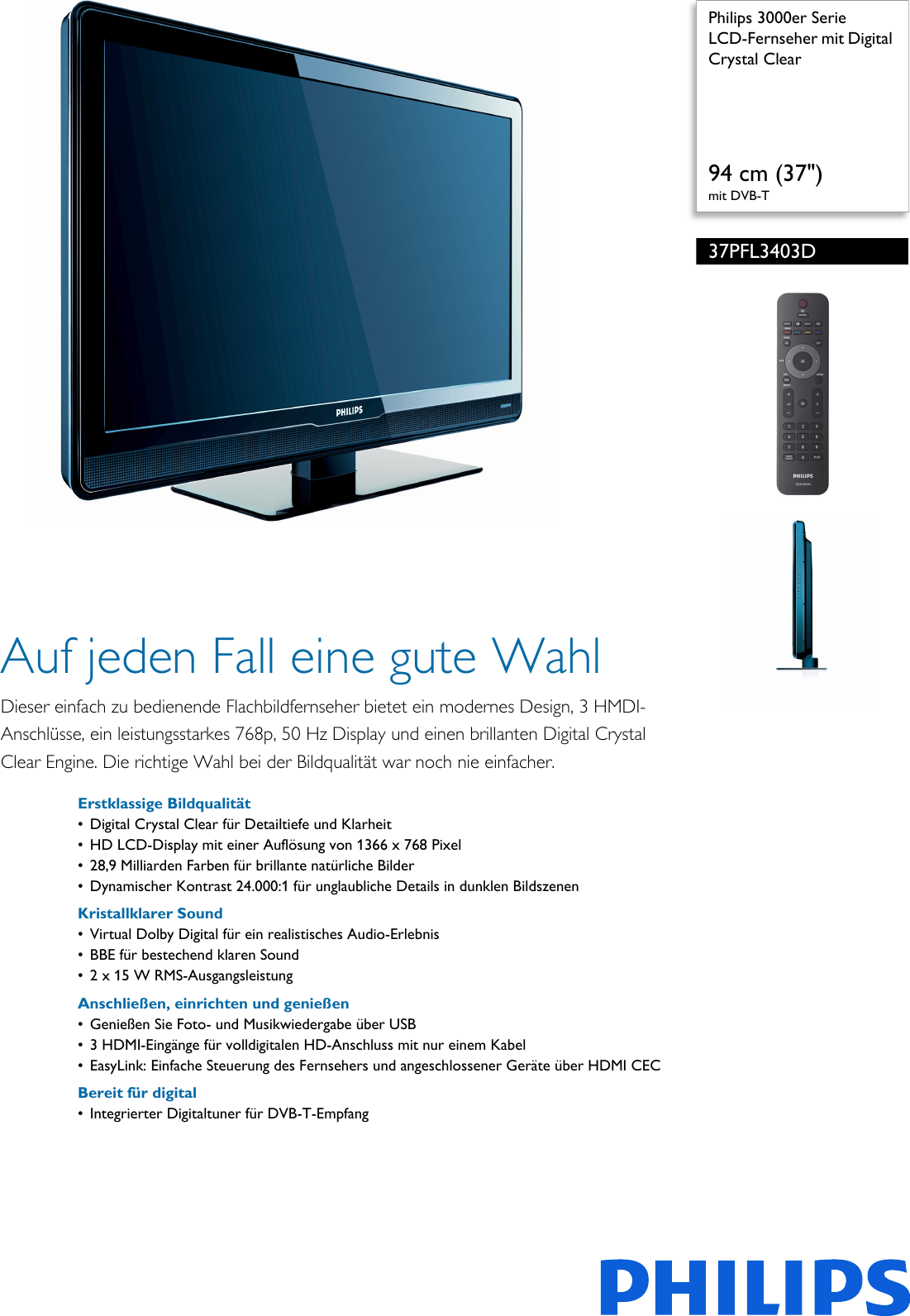 Page 1 of 3 - Philips 37PFL3403D/12 Leaflet 37PFL3403D_12 Released Germany (German)  User Manual Datenblatt 37pfl3403d 12 Pss Deude