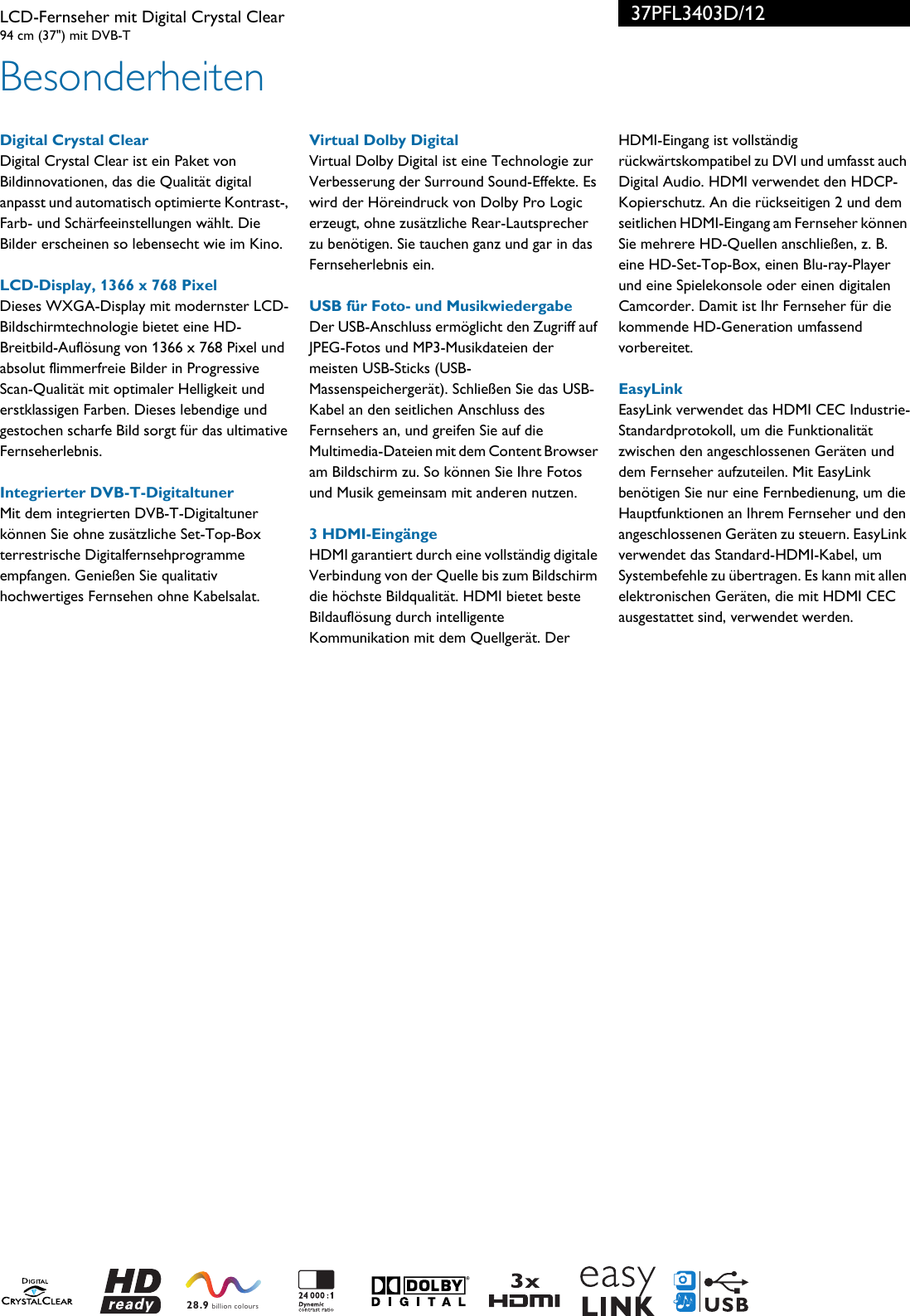 Page 2 of 3 - Philips 37PFL3403D/12 Leaflet 37PFL3403D_12 Released Germany (German)  User Manual Datenblatt 37pfl3403d 12 Pss Deude