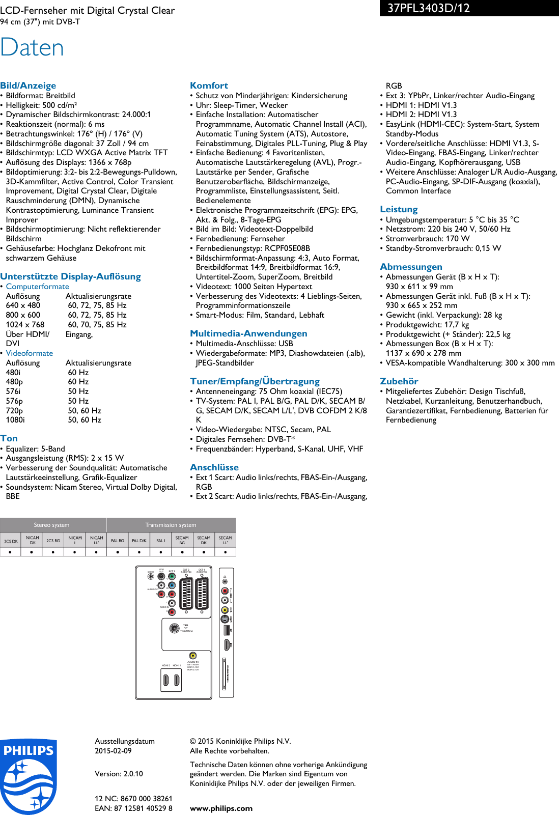 Page 3 of 3 - Philips 37PFL3403D/12 Leaflet 37PFL3403D_12 Released Germany (German)  User Manual Datenblatt 37pfl3403d 12 Pss Deude