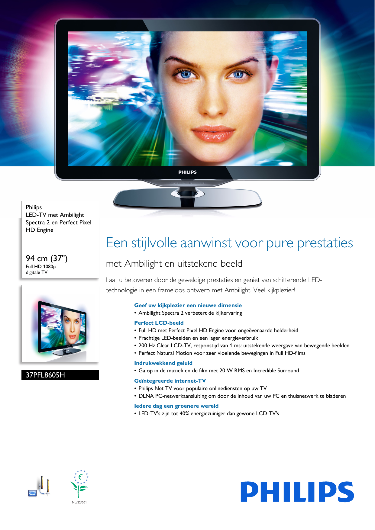 Page 1 of 3 - Philips 37PFL8605H/12 LED-TV Met Ambilight Spectra 2 En Perfect Pixel HD Engine User Manual Brochure 37pfl8605h 12 Pss Nldbe