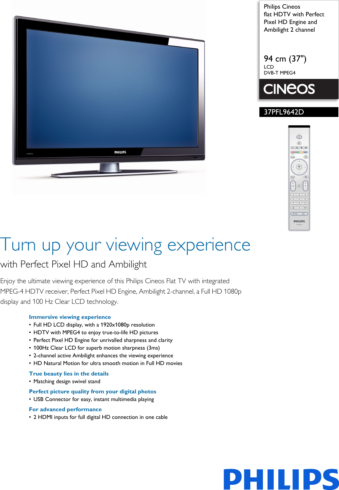 Page 1 of 3 - Philips 37PFL9642D/19 Flat HDTV With Perfect Pixel HD Engine And Ambilight 2 Channel User Manual Leaflet 37pfl9642d 19 Pss