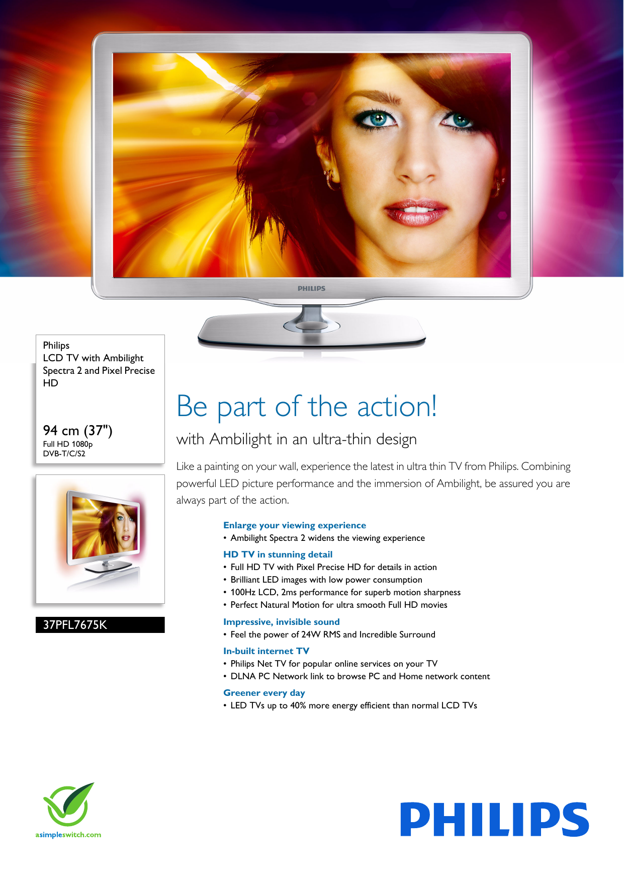 Page 1 of 3 - Philips 37PFL7675K/02 LCD TV With Ambilight Spectra 2 And Pixel Precise HD Scheda Tecnica 37pfl7675k 02 Pss