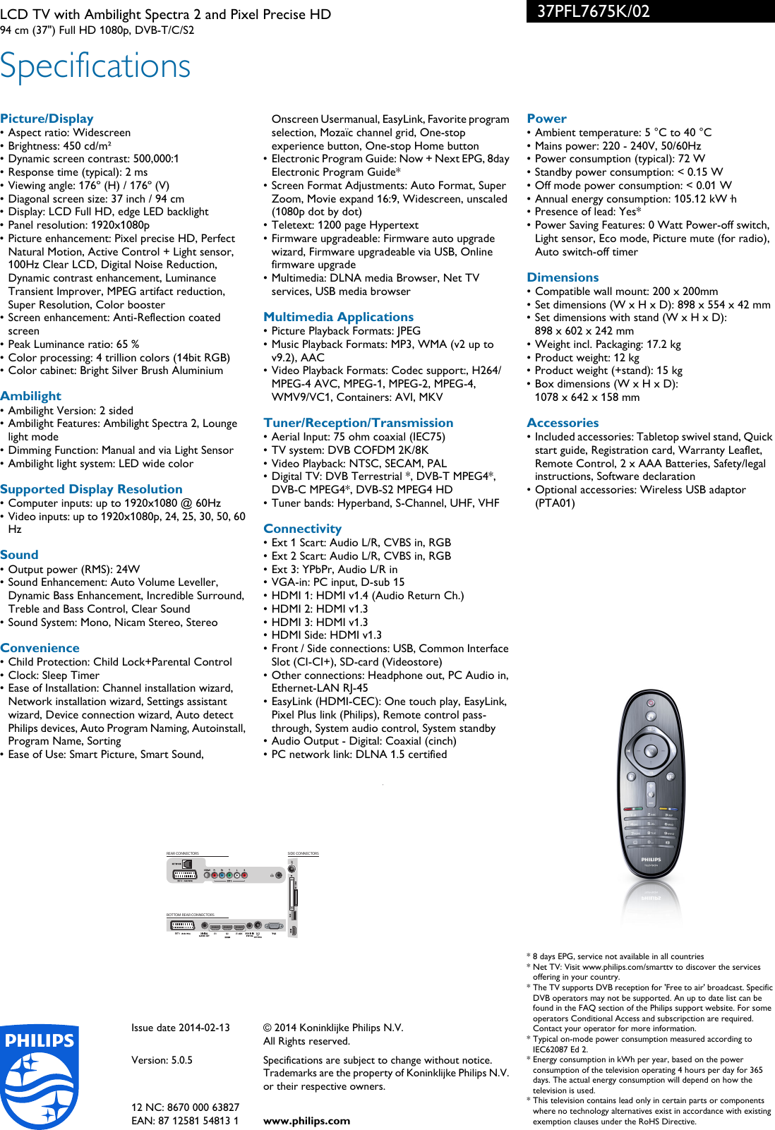 Page 3 of 3 - Philips 37PFL7675K/02 LCD TV With Ambilight Spectra 2 And Pixel Precise HD Scheda Tecnica 37pfl7675k 02 Pss