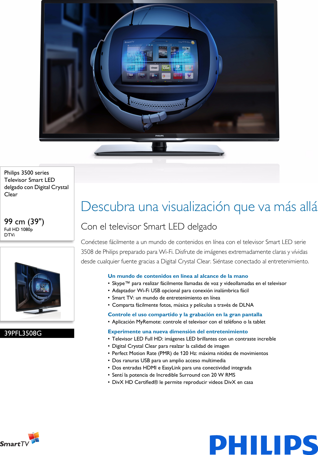 Page 1 of 3 - Philips 39PFL3508G/77 Televisor Smart LED Delgado Con Digital Crystal Clear User Manual Folleto 39pfl3508g 77 Pss Aspar