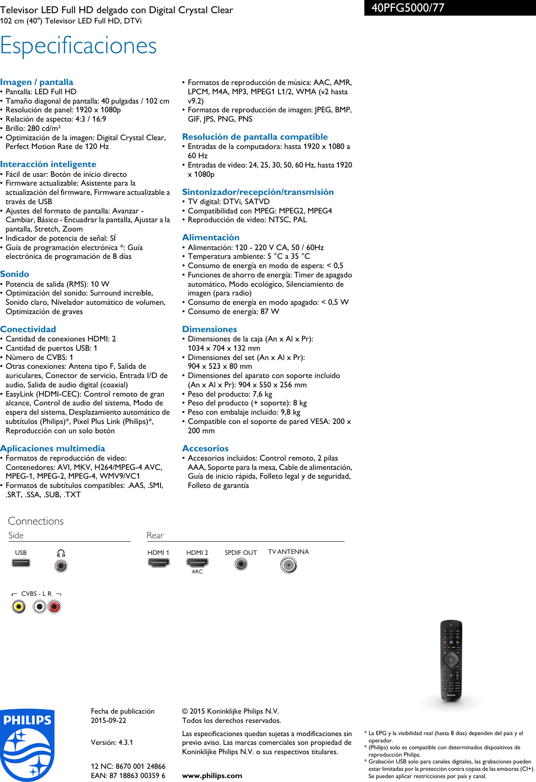 Page 3 of 3 - Philips 40PFG5000/77 Televisor LED Full HD Delgado Con Digital Crystal Clear User Manual Folleto 40pfg5000 77 Pss Aspar