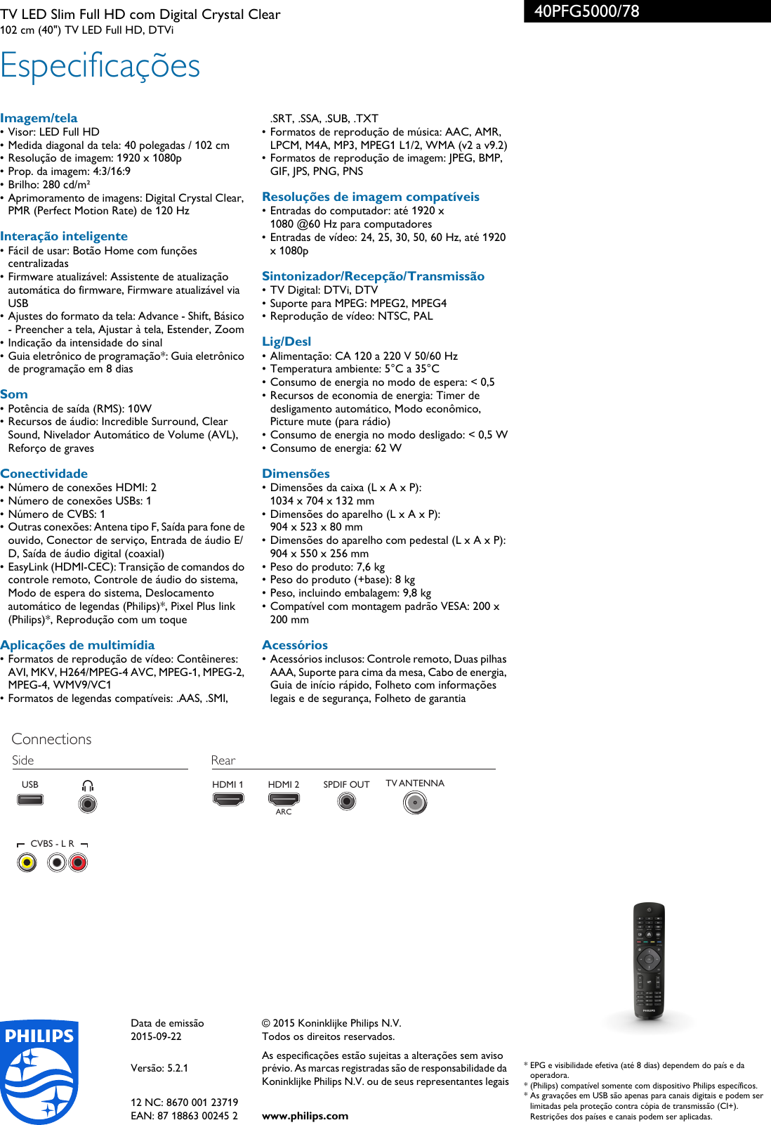 Page 3 of 3 - Philips 40PFG5000/78 TV LED Slim Full HD Com Digital Crystal Clear User Manual Folheto 40pfg5000 78 Pss Brpbr