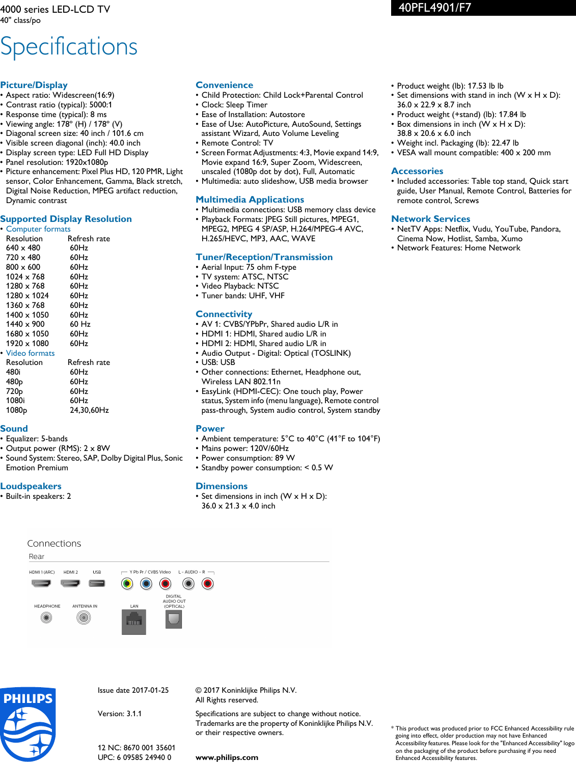Page 3 of 3 - Philips 40PFL4901/F7 4000 Series LED-LCD TV User Manual Leaflet 40pfl4901 F7 Pss Aenus