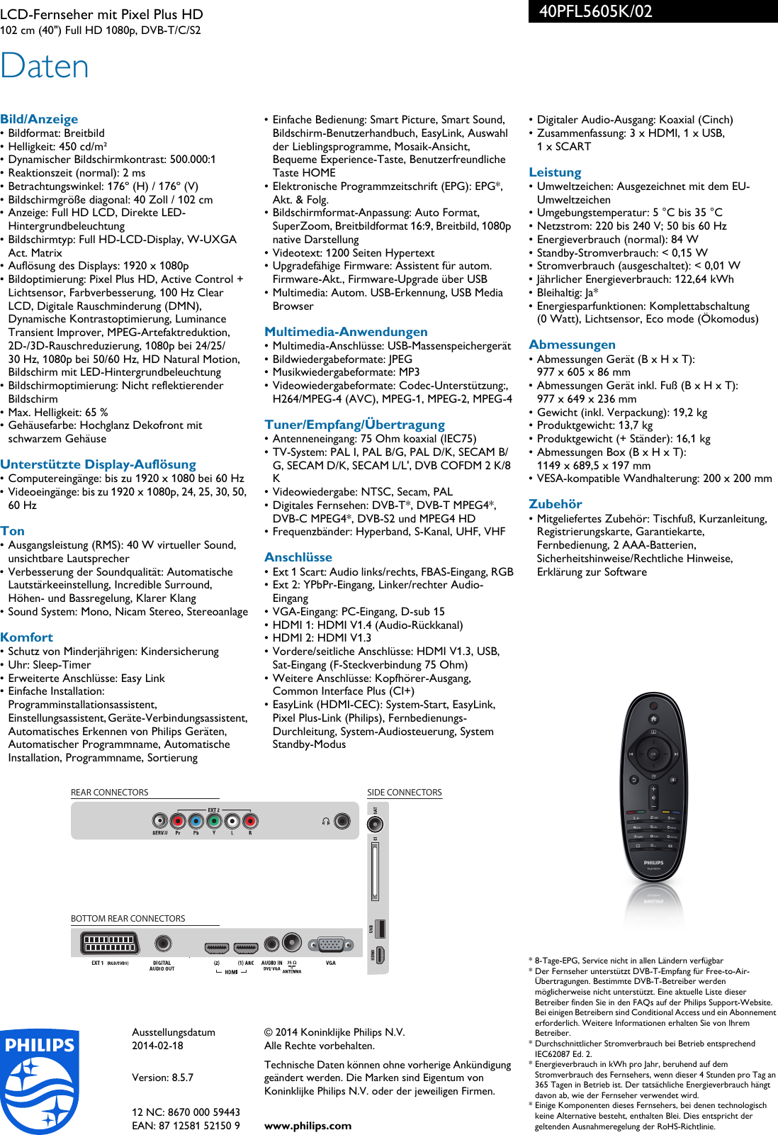 Page 3 of 3 - Philips 40PFL5605K/02 Leaflet 40PFL5605K_02 Released Germany (German)  User Manual Datenblatt 40pfl5605k 02 Pss Deude