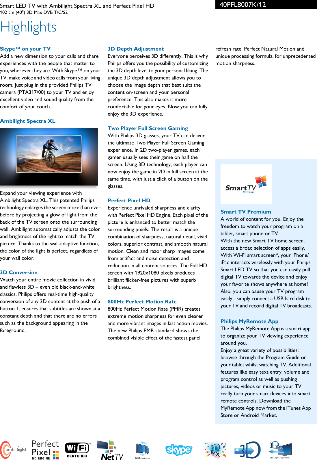 Page 2 of 3 - Philips 40PFL8007K/12 Smart LED TV With Ambilight Spectra XL And Perfect Pixel HD User Manual Leaflet 40pfl8007k 12 Pss Aenhk