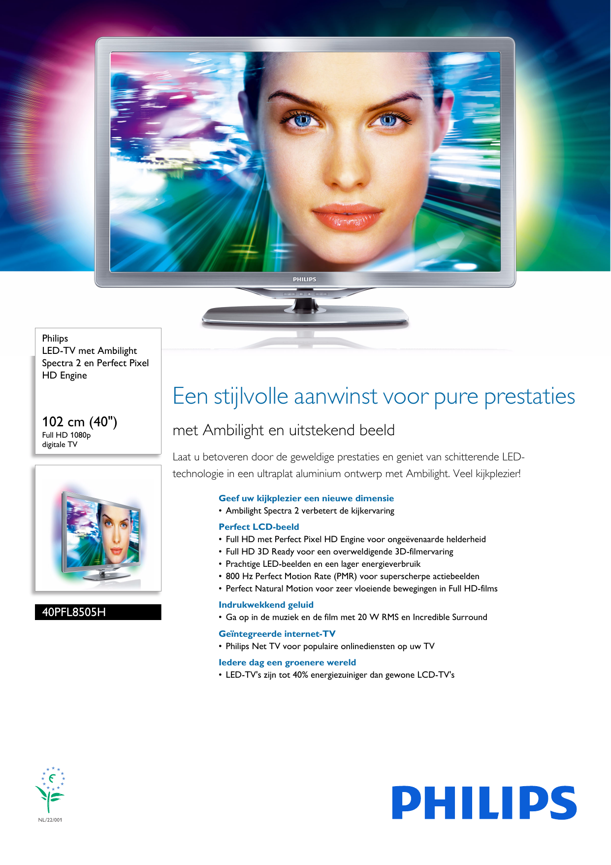Page 1 of 3 - Philips 40PFL8505H/12 LED-TV Met Ambilight Spectra 2 En Perfect Pixel HD Engine User Manual Brochure 40pfl8505h 12 Pss Nldnl