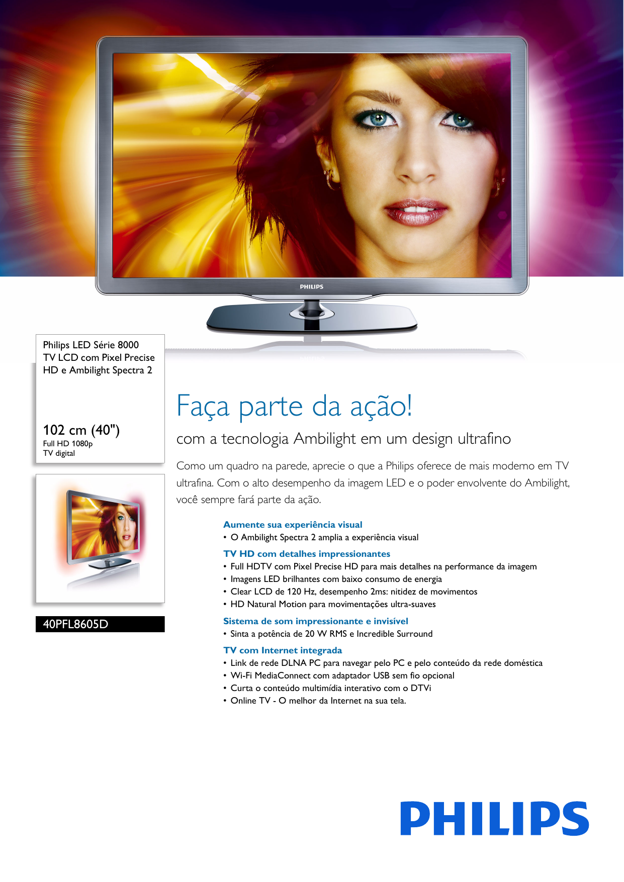 Page 1 of 3 - Philips 40PFL8605D/78 TV LCD Com Pixel Precise HD E Ambilight Spectra 2 User Manual Folheto 40pfl8605d 78 Pss Brpbr
