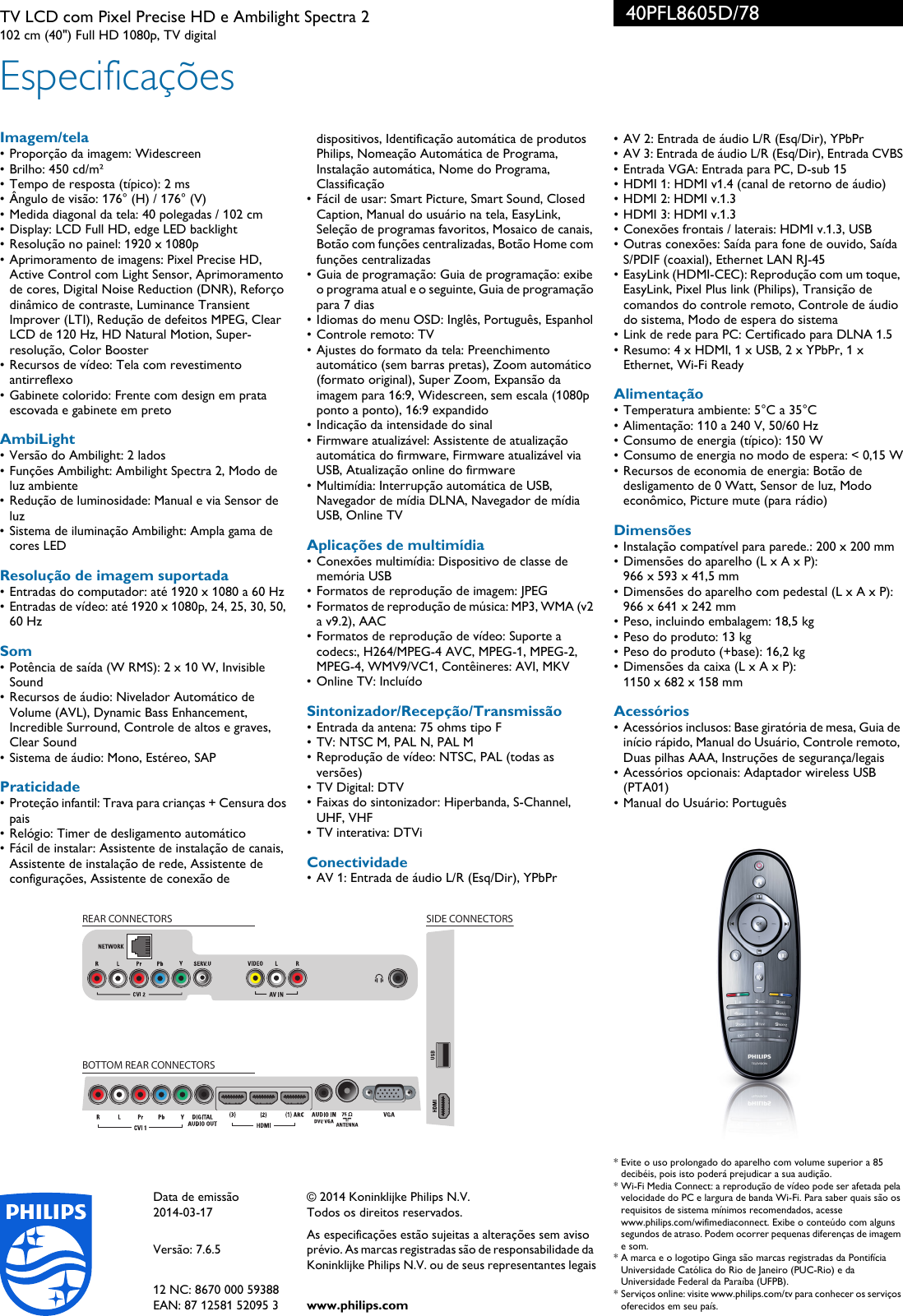Page 3 of 3 - Philips 40PFL8605D/78 TV LCD Com Pixel Precise HD E Ambilight Spectra 2 User Manual Folheto 40pfl8605d 78 Pss Brpbr