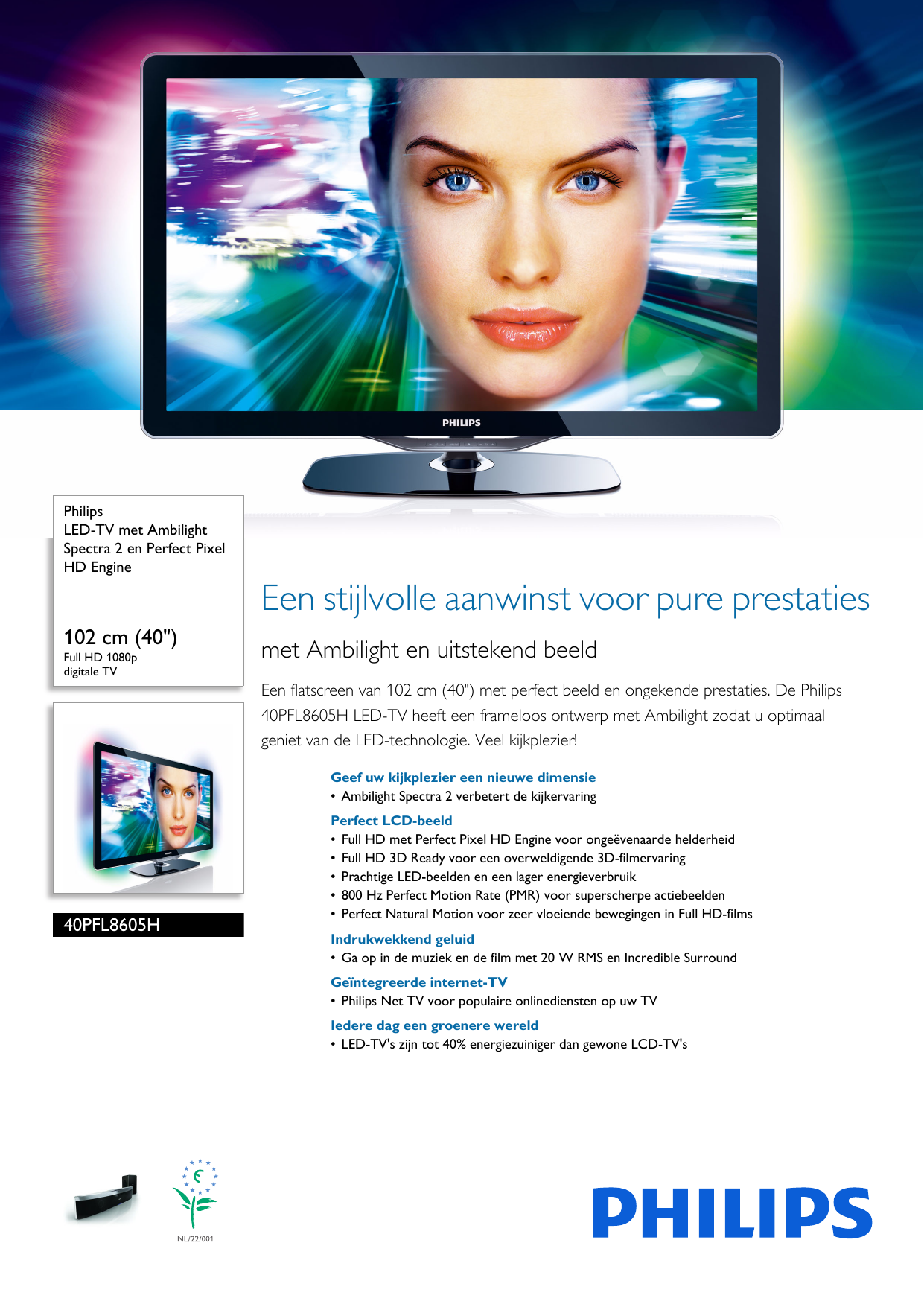 Page 1 of 3 - Philips 40PFL8605H/12 LED-TV Met Ambilight Spectra 2 En Perfect Pixel HD Engine User Manual Brochure 40pfl8605h 12 Pss Nldnl
