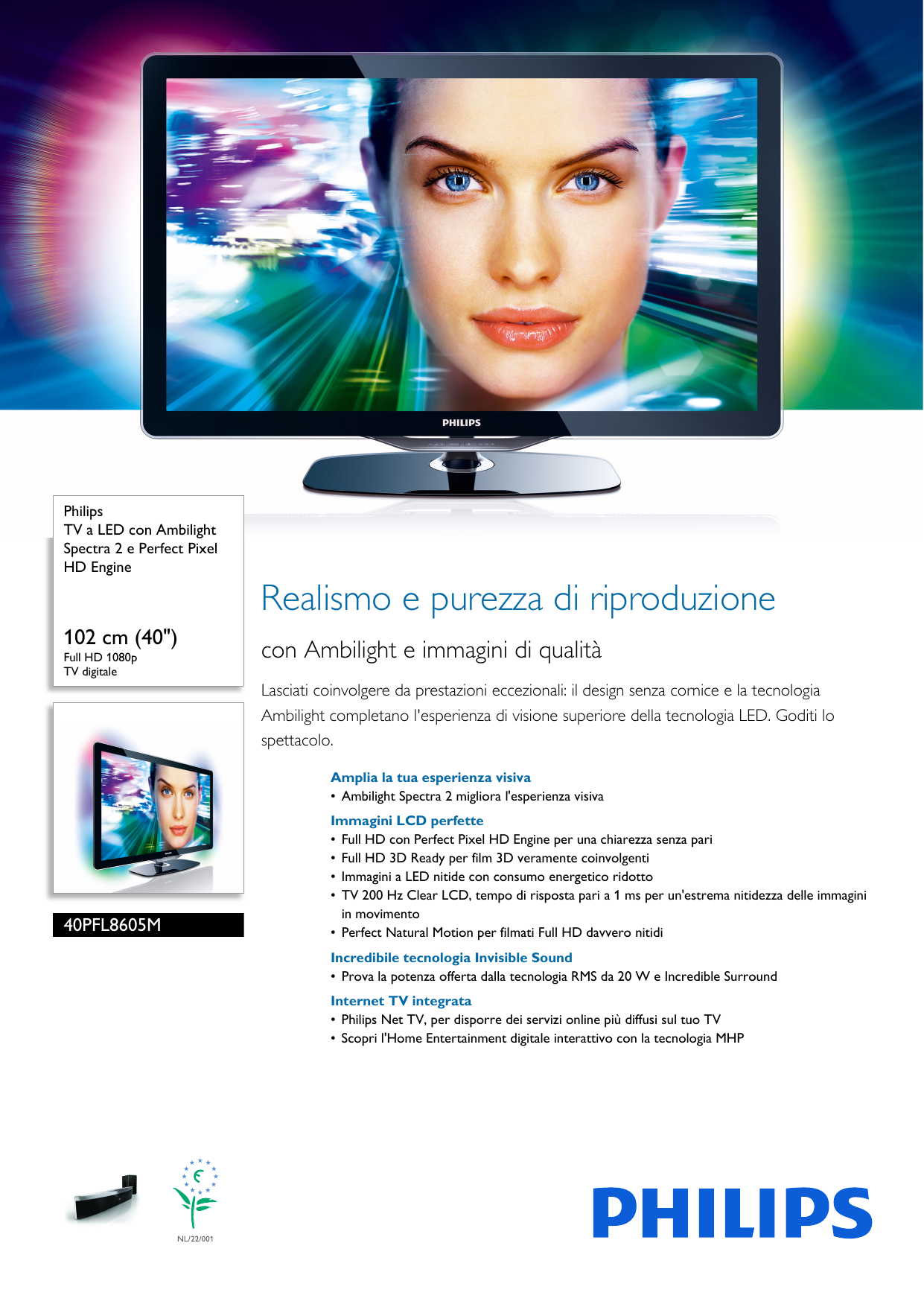 Page 1 of 3 - Philips 40PFL8605M/08 TV A LED Con Ambilight Spectra 2 E Perfect Pixel HD Engine User Manual Scheda Tecnica 40pfl8605m 08 Pss Itait